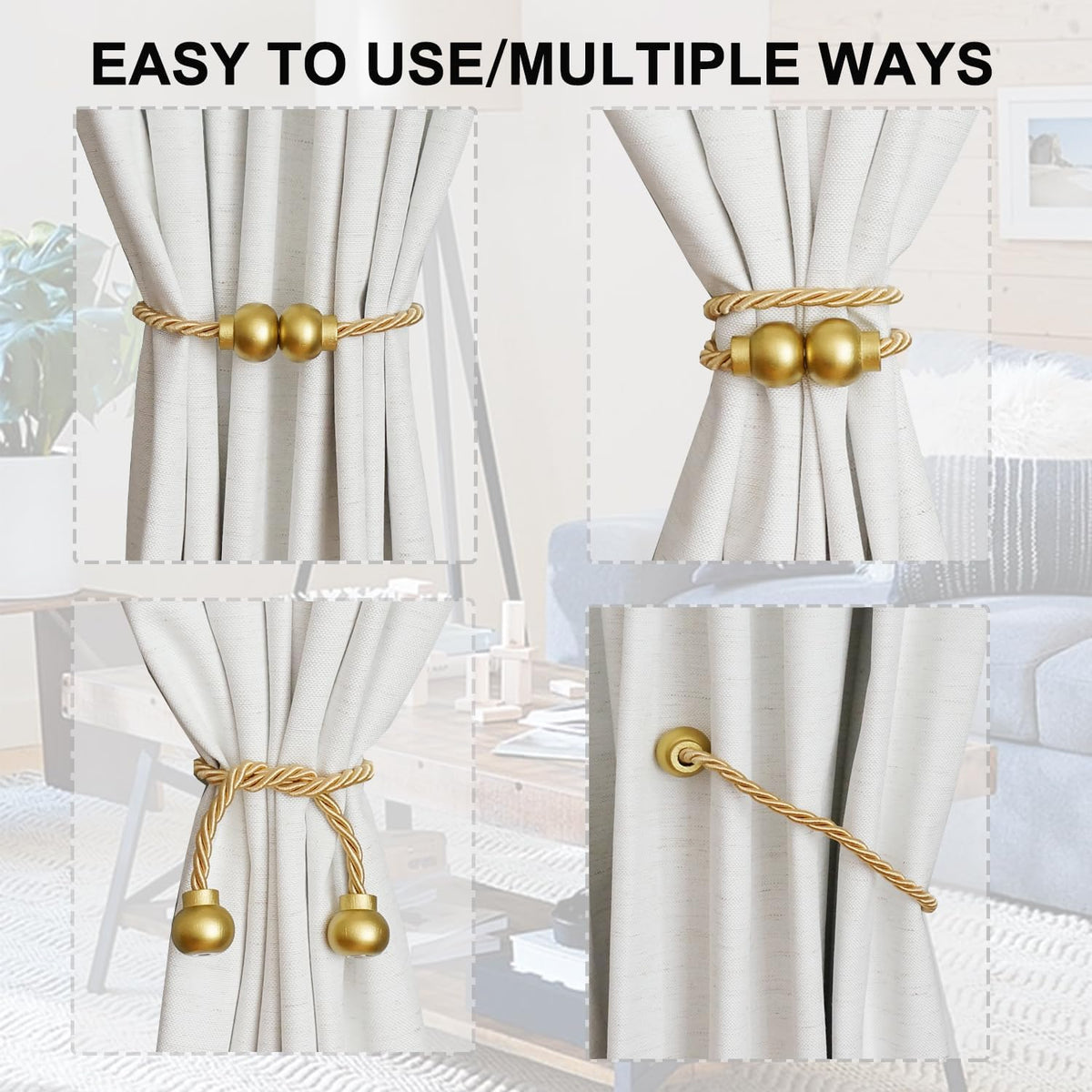 2 Pack Magnetic Curtain Tiebacks Modern Handmade Rope Curtain Tie Backs Decorative Drapes Weave Holdbacks for Home Outdoor Bedroom Office Decorative Curtain, Gold