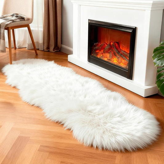 linmopm Faux Fur Sheepskin Fluffy Shag Fuzzy Rug, White, 2x6 ft Runner