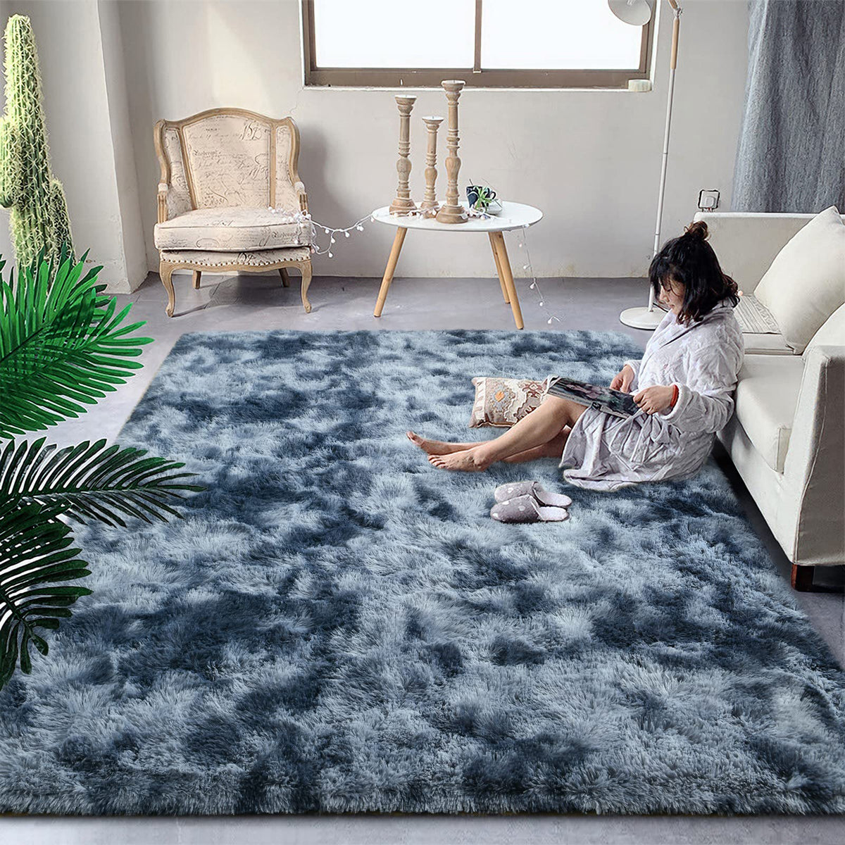 DweIke Fluffy Blue Shag Rugs for Bedroom Living Room, 4x6 Feet Soft Plush Tie-Dyed Light SkyBlue Girls Boys Kids Rug, Upgraded Non-Slip and Machine Washable Carpet for Dorm Nursery Classroom Decor