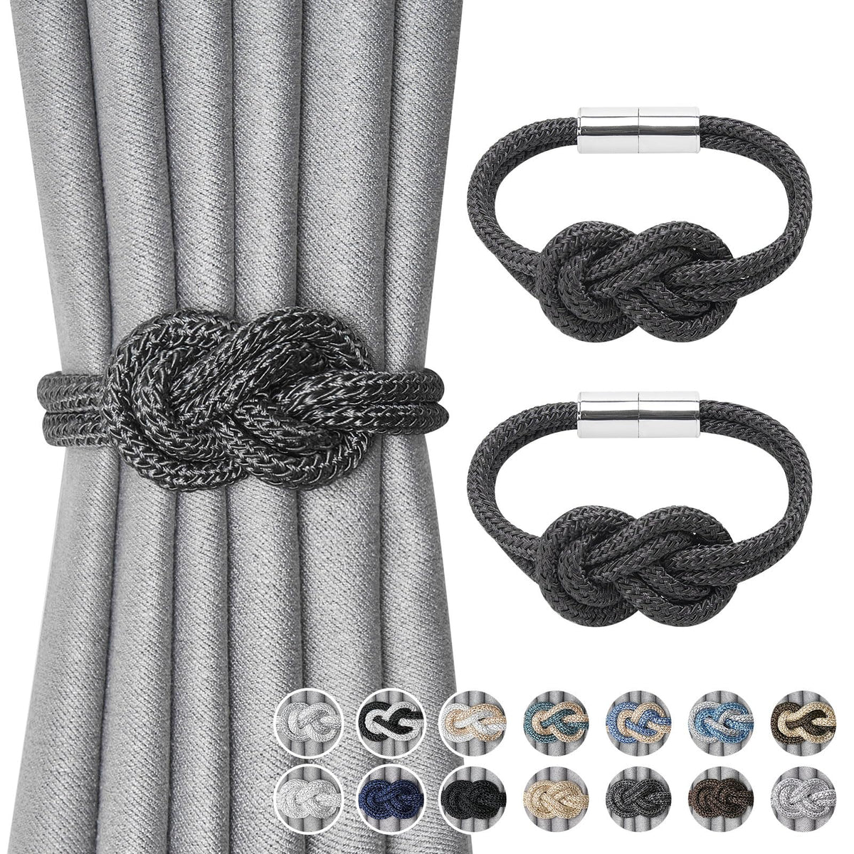 NICEEC 2 Pack Mini Magnetic Curtain Tiebacks Nordic Simple Style Drape Tie Backs Elegant Hand Weave Rope Knot Decorative Curtain Holdbacks for Home & Office Thin Window Drapery (Silver Grey)