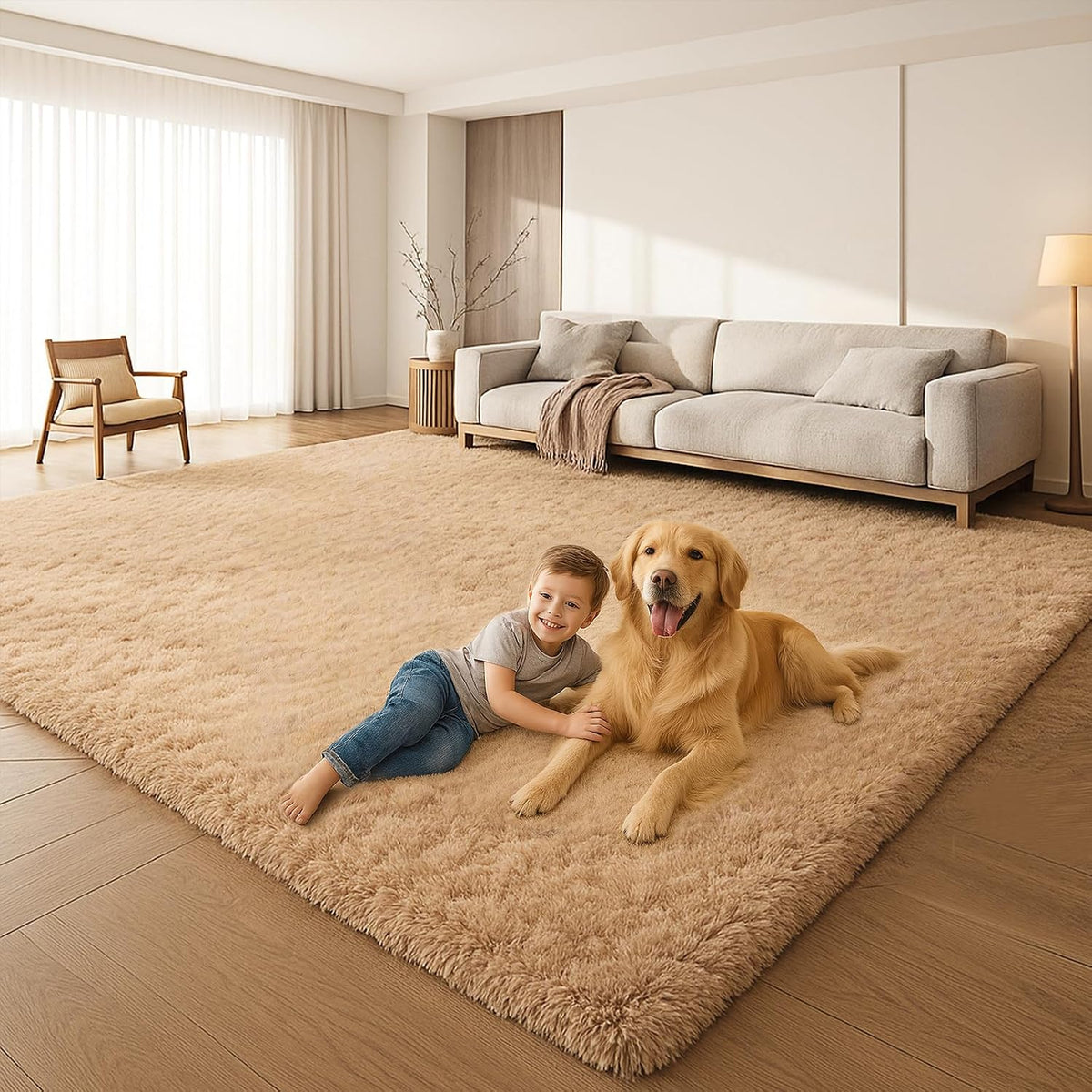 8x10 Beige Fluffy Shag Area Rug, Non-Slip Soft Carpet for Home