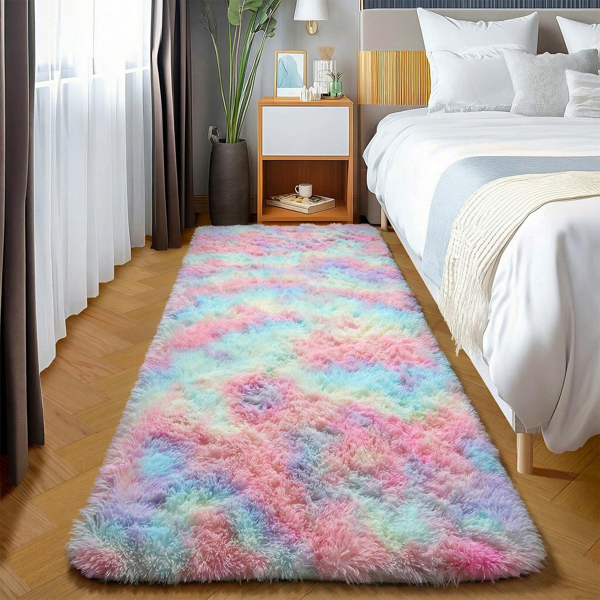 Area Rugs for Living Room Bedroom, 5x8 Fluffy Tie-Dyed Light Grey Shag Rug