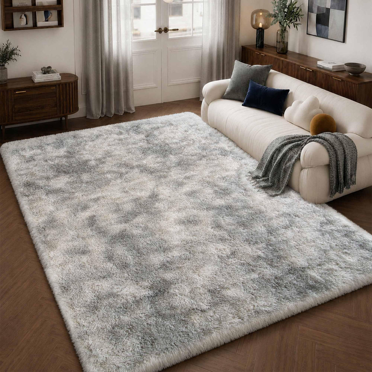 8x10 Ft Cream White Fluffy Area Rug for Living Room, Washable