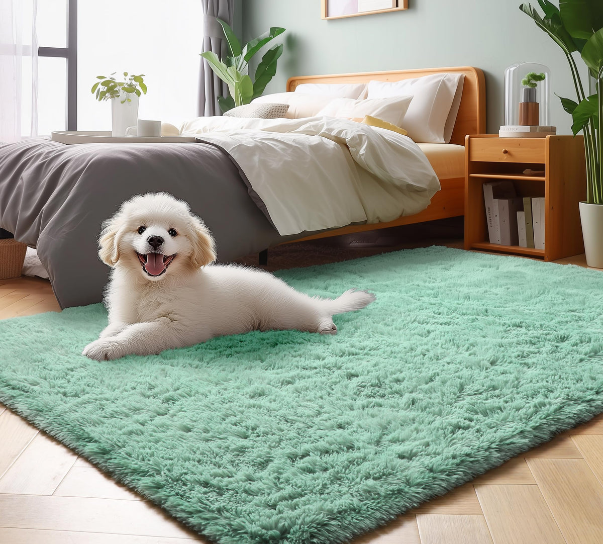 Area Rugs for Living Room Bedroom, 5x8 Fluffy Tie-Dyed Light Grey Shag Rug
