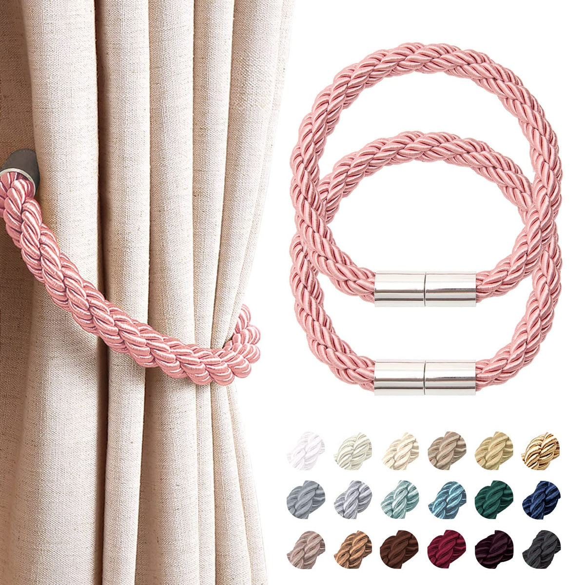 NICEEC 2 Pack Strong Magnetic Curtain Tiebacks Modern Simple Style Drape Tie Backs Convenient Decorative Weave Rope Curtain Holdbacks for Thin or Thick Home & Office Window Draperies (Beige)