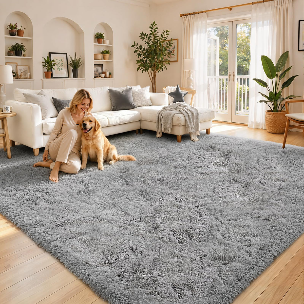 8x10 Area Rugs for Living Room,Cream Large Shaggy Carpet Plush Furry Rug
