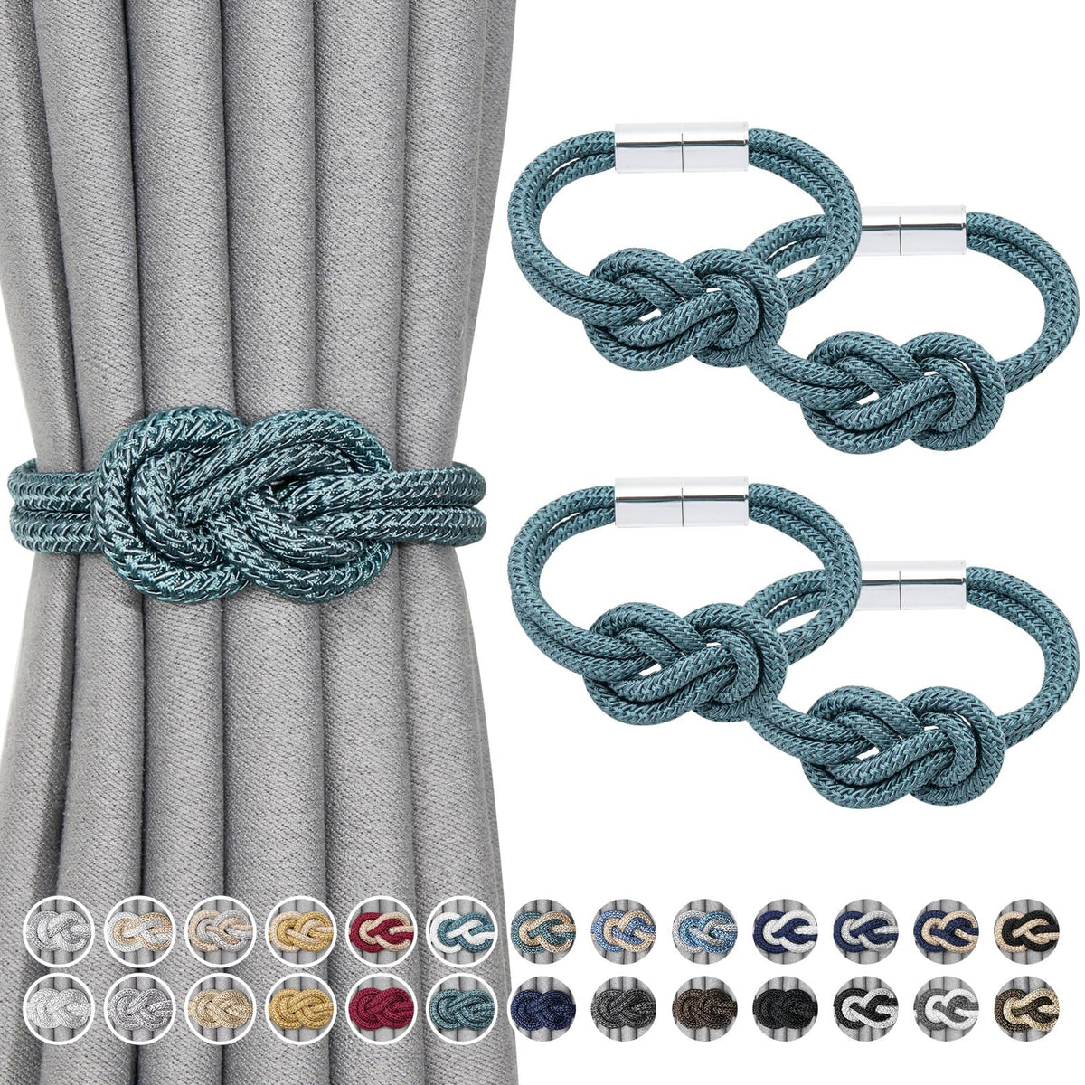 NICEEC 2 Pack Mini Magnetic Curtain Tiebacks Nordic Simple Style Drape Tie Backs Elegant Hand Weave Rope Knot Decorative Curtain Holdbacks for Home & Office Thin Window Drapery (Silver Grey)