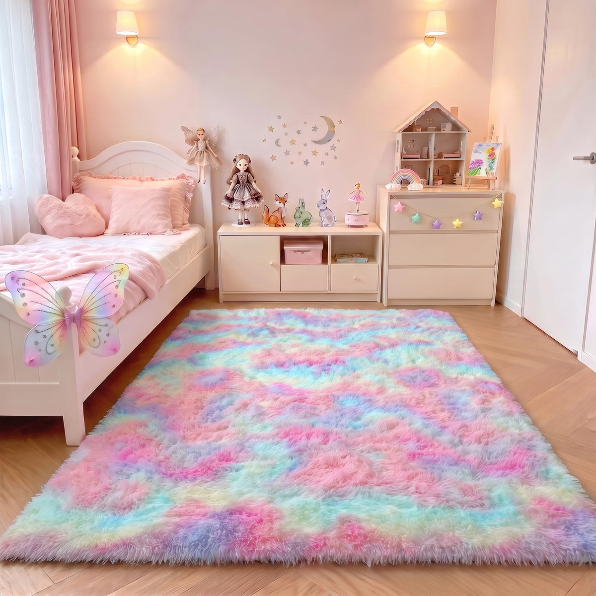 Area Rugs for Living Room Bedroom, 5x8 Fluffy Tie-Dyed Light Grey Shag Rug