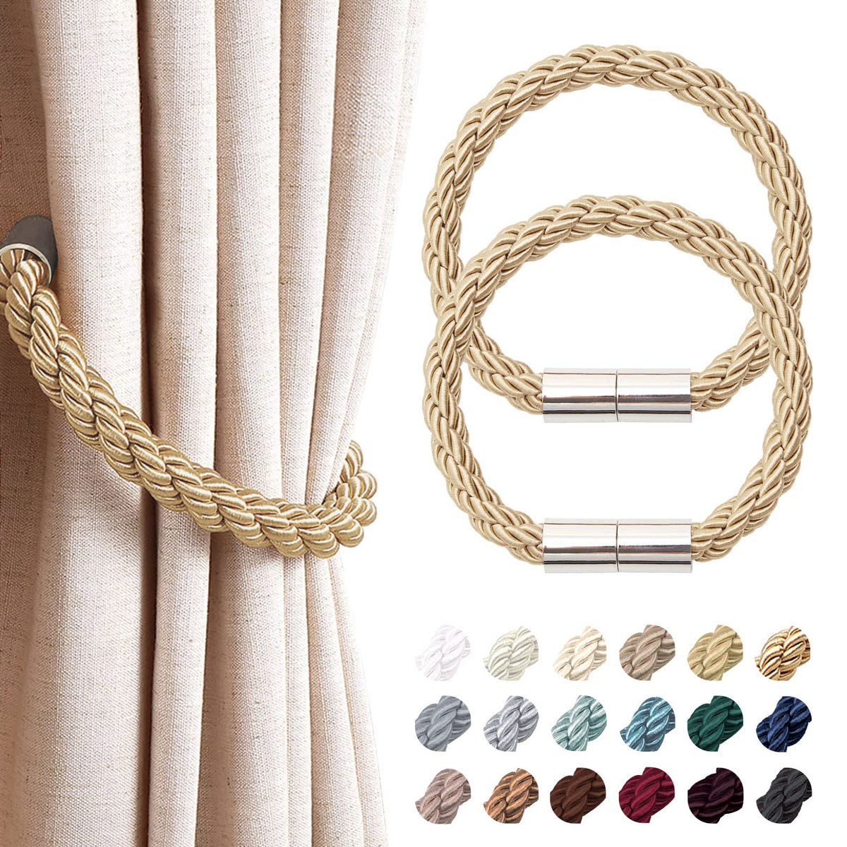 NICEEC 2 Pack Strong Magnetic Curtain Tiebacks Modern Simple Style Drape Tie Backs Convenient Decorative Weave Rope Curtain Holdbacks for Thin or Thick Home & Office Window Draperies (Beige)
