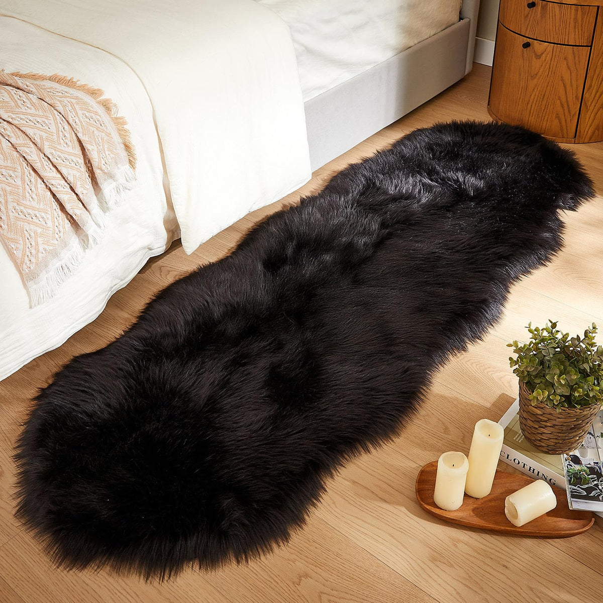 AMTOVO Faux Sheepskin Rug, Beige Ultra Soft Fluffy Shag Area Rug, 2 x 6 ft Faux Fur Rug for Bedroom Sofa Throw Cushion Room Decor, Sheepskin