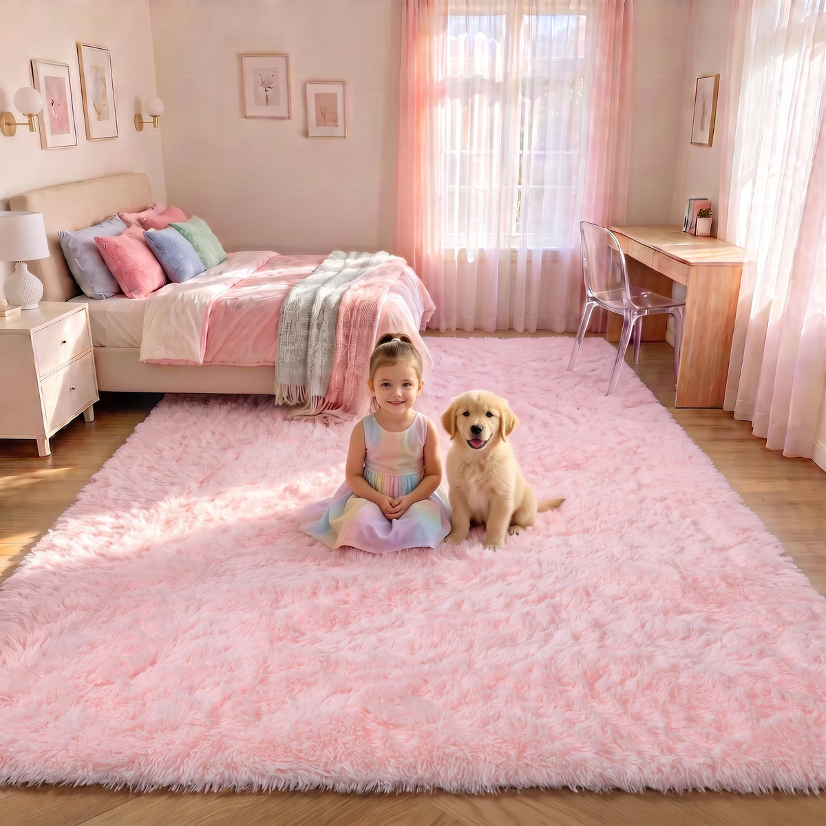 Area Rugs for Living Room Bedroom, 5x8 Fluffy Tie-Dyed Light Grey Shag Rug