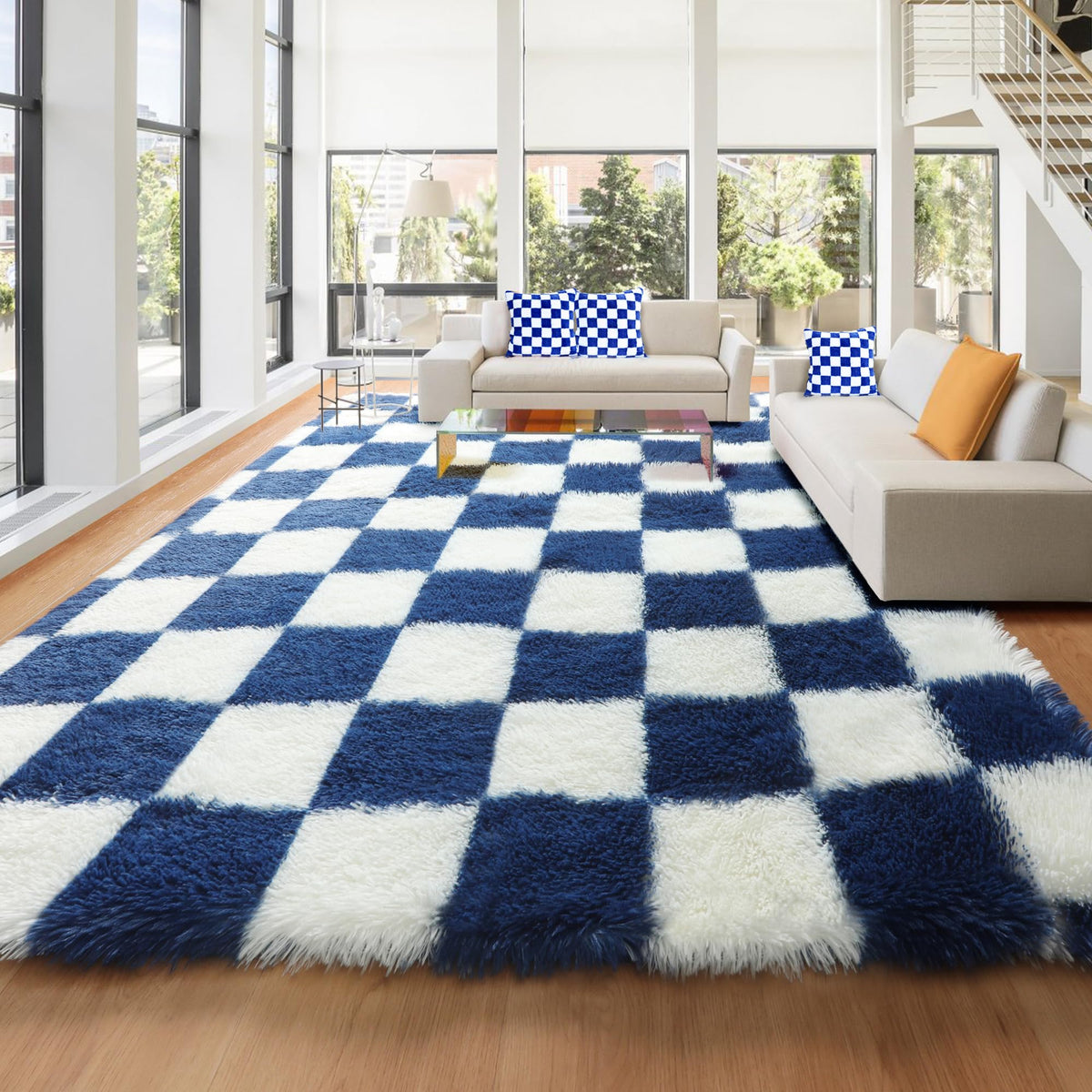 KICMOR Area Rugs 8x10 for Living Room, Large Fluffy Beige and Cream White Checkered Rug Big Fuzzy Shag Shaggy Carpets for Bedroom, Soft Plush Furry Rug for Boy Girls Room Dorm Home Decor Aesthetic