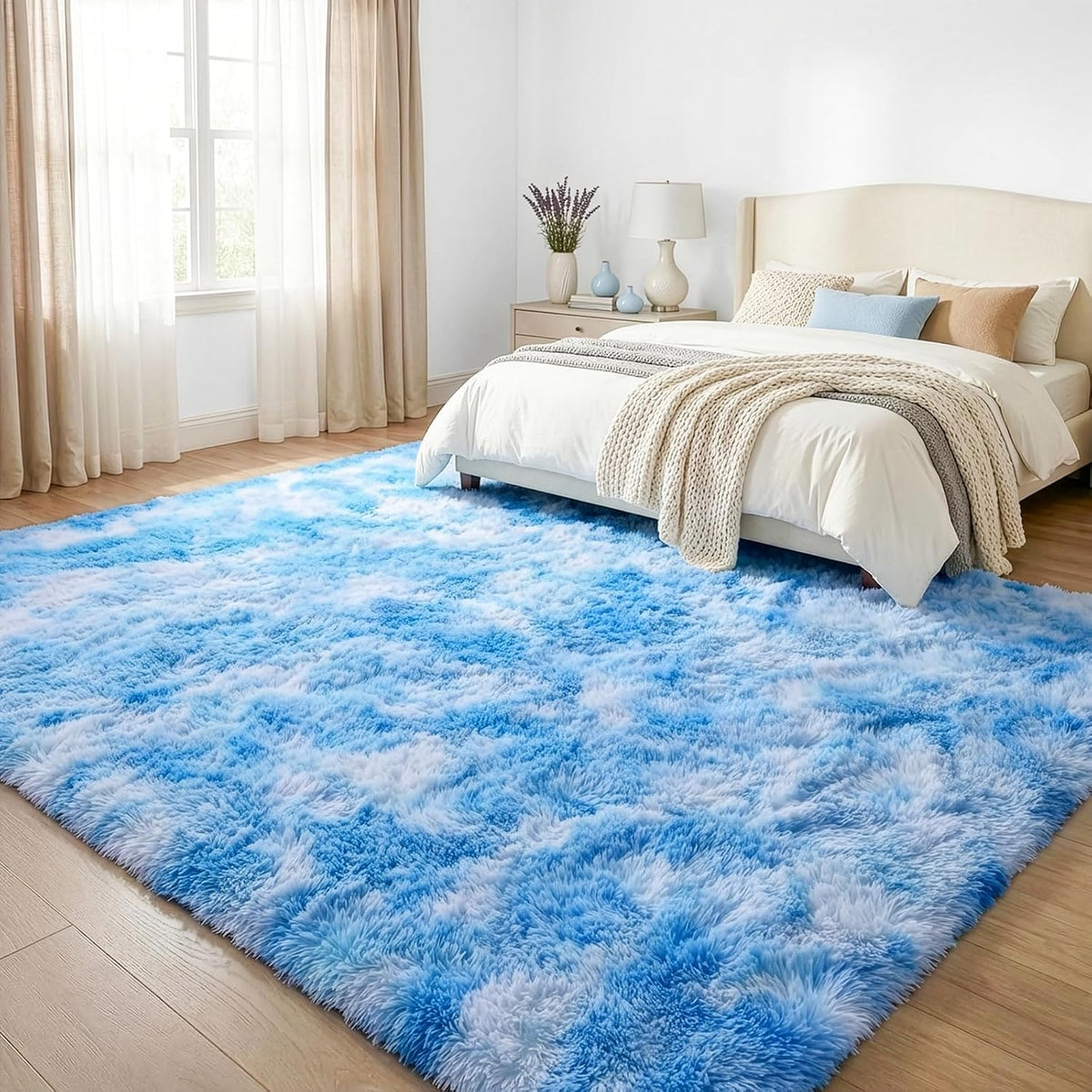 DweIke Fluffy Blue Shag Rugs for Bedroom Living Room, 4x6 Feet Soft Plush Tie-Dyed Light SkyBlue Girls Boys Kids Rug, Upgraded Non-Slip and Machine Washable Carpet for Dorm Nursery Classroom Decor