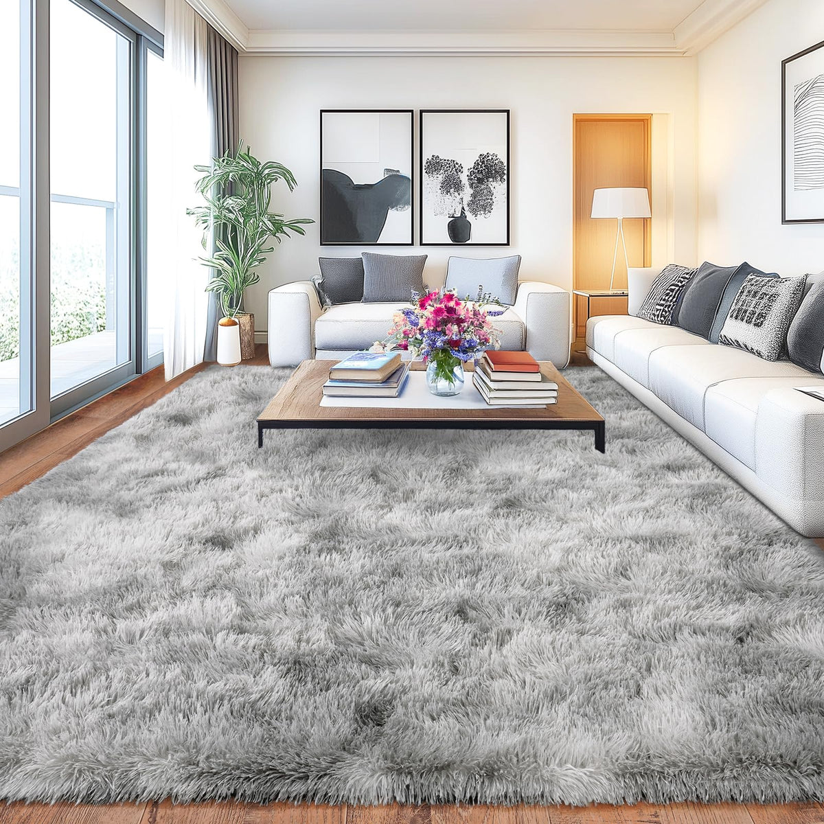 Large Living Room Area Rug 9x12Ft Shaggy Carpet Fuzzy Carpet Tie Dye Camel