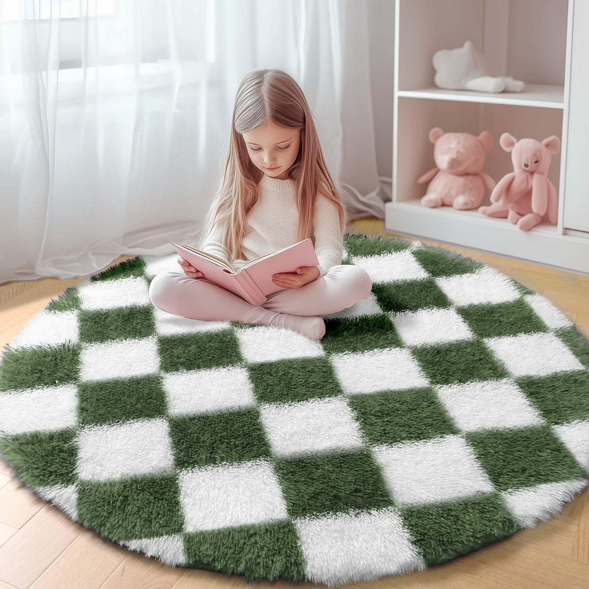 KICMOR Area Rugs 8x10 for Living Room, Large Fluffy Beige and Cream White Checkered Rug Big Fuzzy Shag Shaggy Carpets for Bedroom, Soft Plush Furry Rug for Boy Girls Room Dorm Home Decor Aesthetic