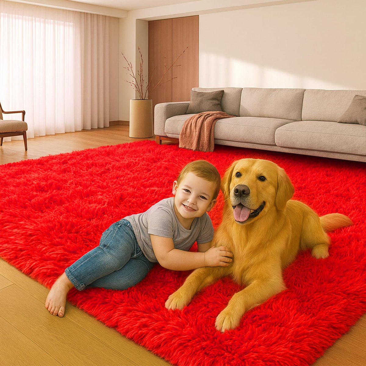 8x10 Beige Fluffy Shag Area Rug, Non-Slip Soft Carpet for Home