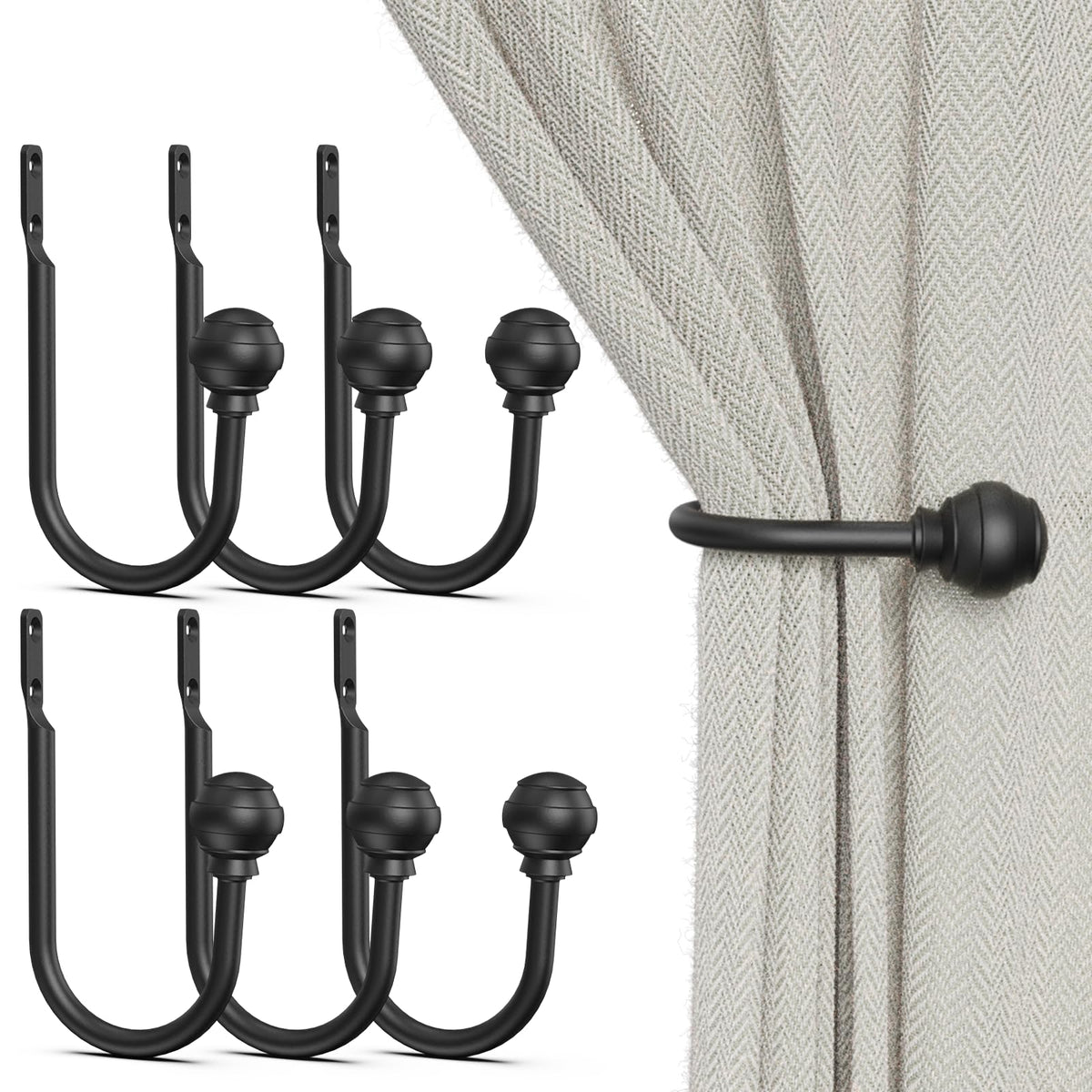 Hion Curtain Holdbacks Black 2pcs, Curtain Tiebacks Wall Mounted Hooks