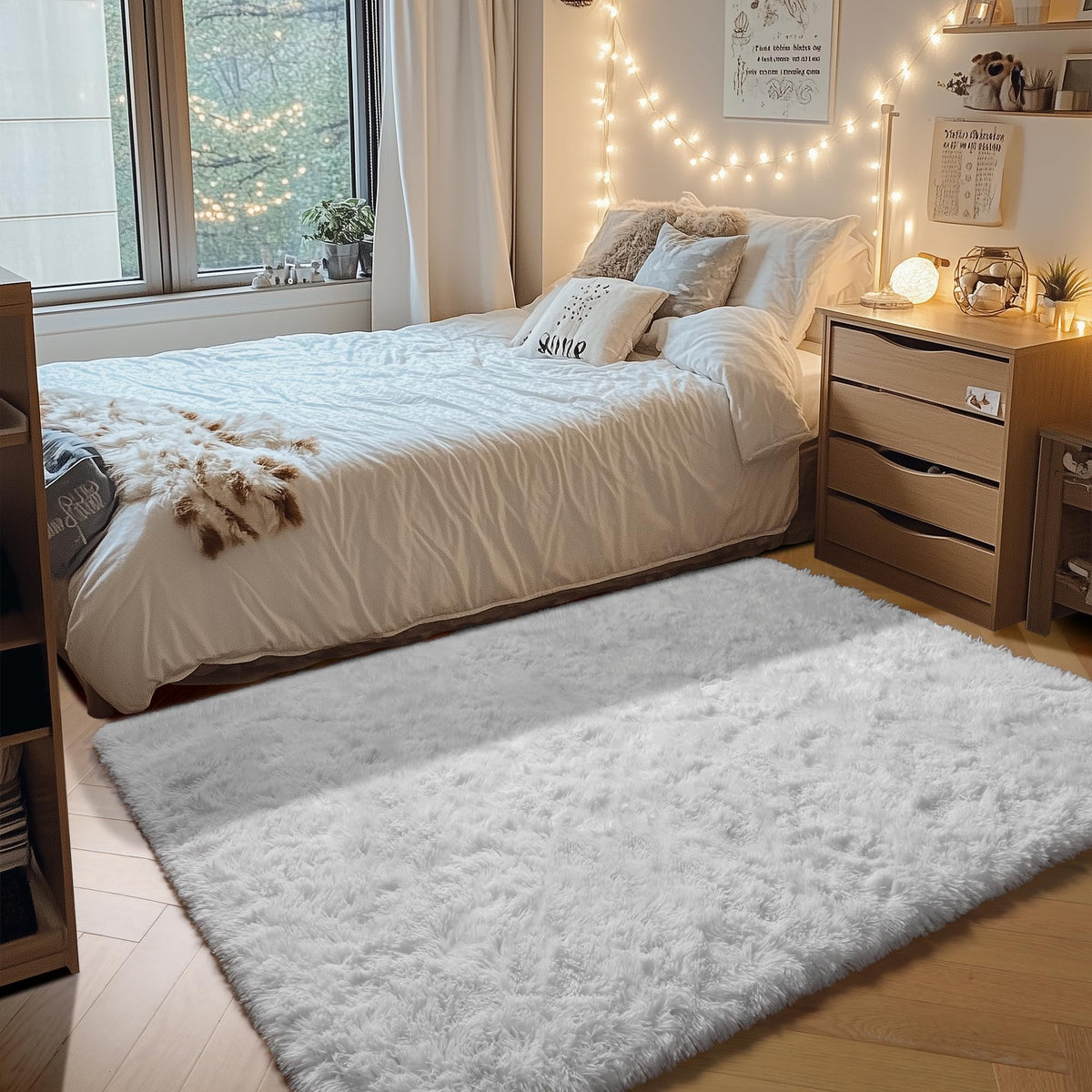 Area Rugs for Living Room Bedroom, 5x8 Fluffy Tie-Dyed Light Grey Shag Rug