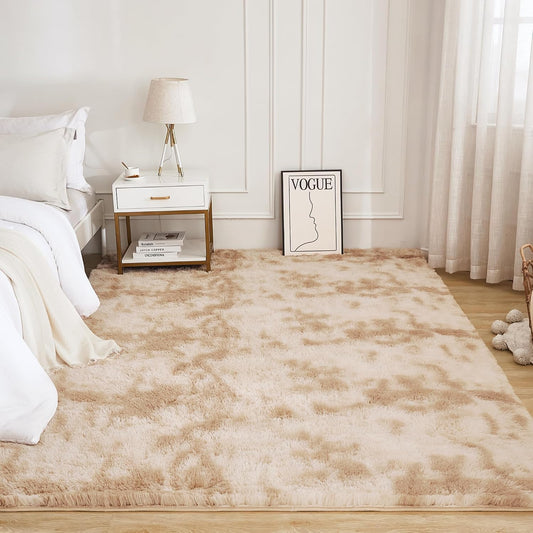 Litanika 5x8 Shag Area Rug for Bedroom, Tie-Dyed Beige Plush Rug