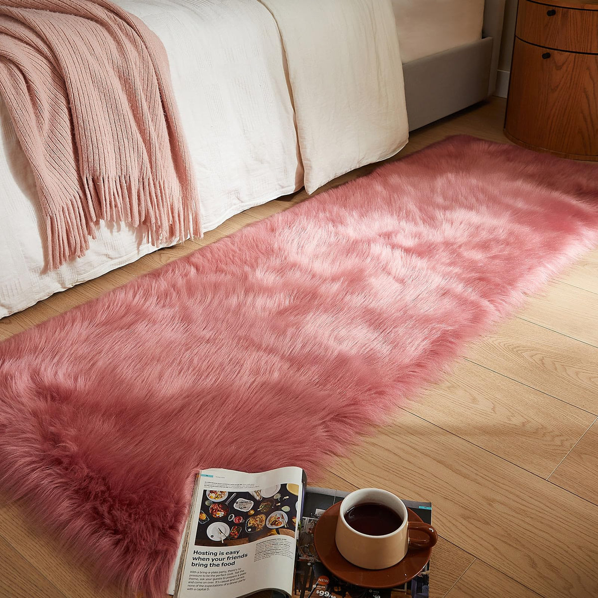 AMTOVO Faux Sheepskin Rug, Beige Ultra Soft Fluffy Shag Area Rug, 2 x 6 ft Faux Fur Rug for Bedroom Sofa Throw Cushion Room Decor, Sheepskin