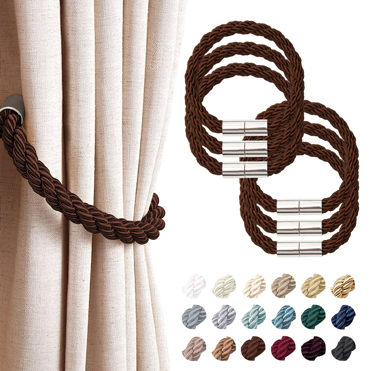 NICEEC 2 Pack Strong Magnetic Curtain Tiebacks Modern Simple Style Drape Tie Backs Convenient Decorative Weave Rope Curtain Holdbacks for Thin or Thick Home & Office Window Draperies (Beige)