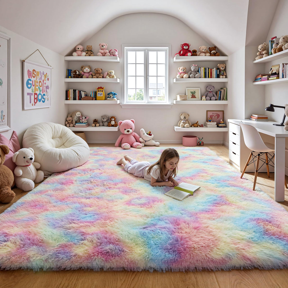 KICHOWUA 4x6 Fluffy Fuzzy Kids Shag Rainbow Rug for Girls Bedroom Playroom