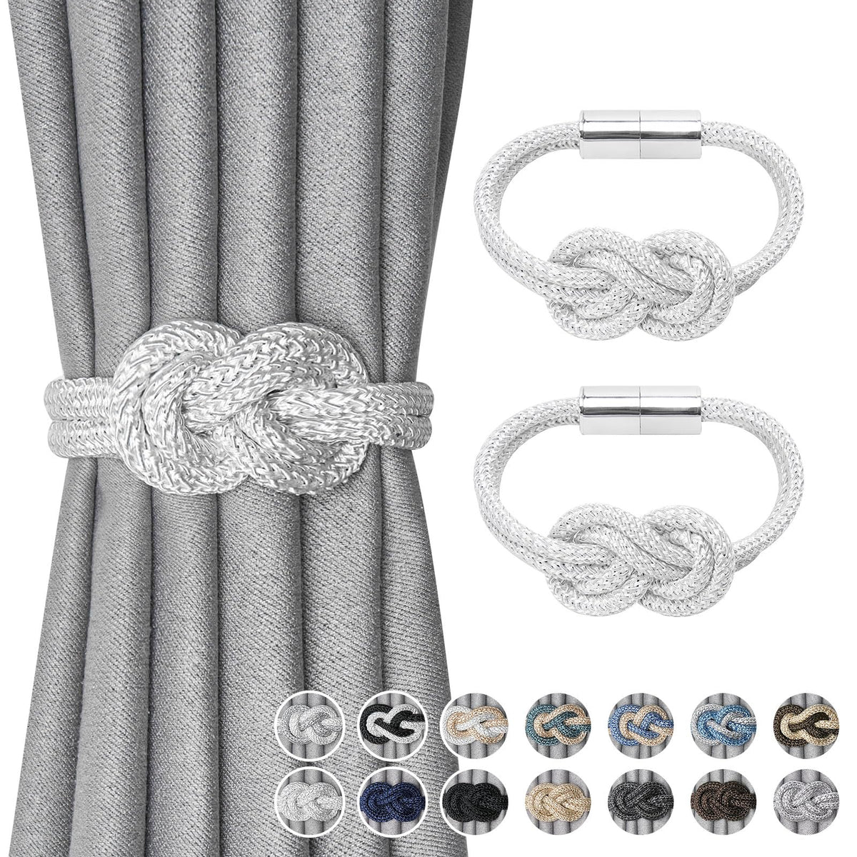 NICEEC 2 Pack Mini Magnetic Curtain Tiebacks Nordic Simple Style Drape Tie Backs Elegant Hand Weave Rope Knot Decorative Curtain Holdbacks for Home & Office Thin Window Drapery (Silver Grey)