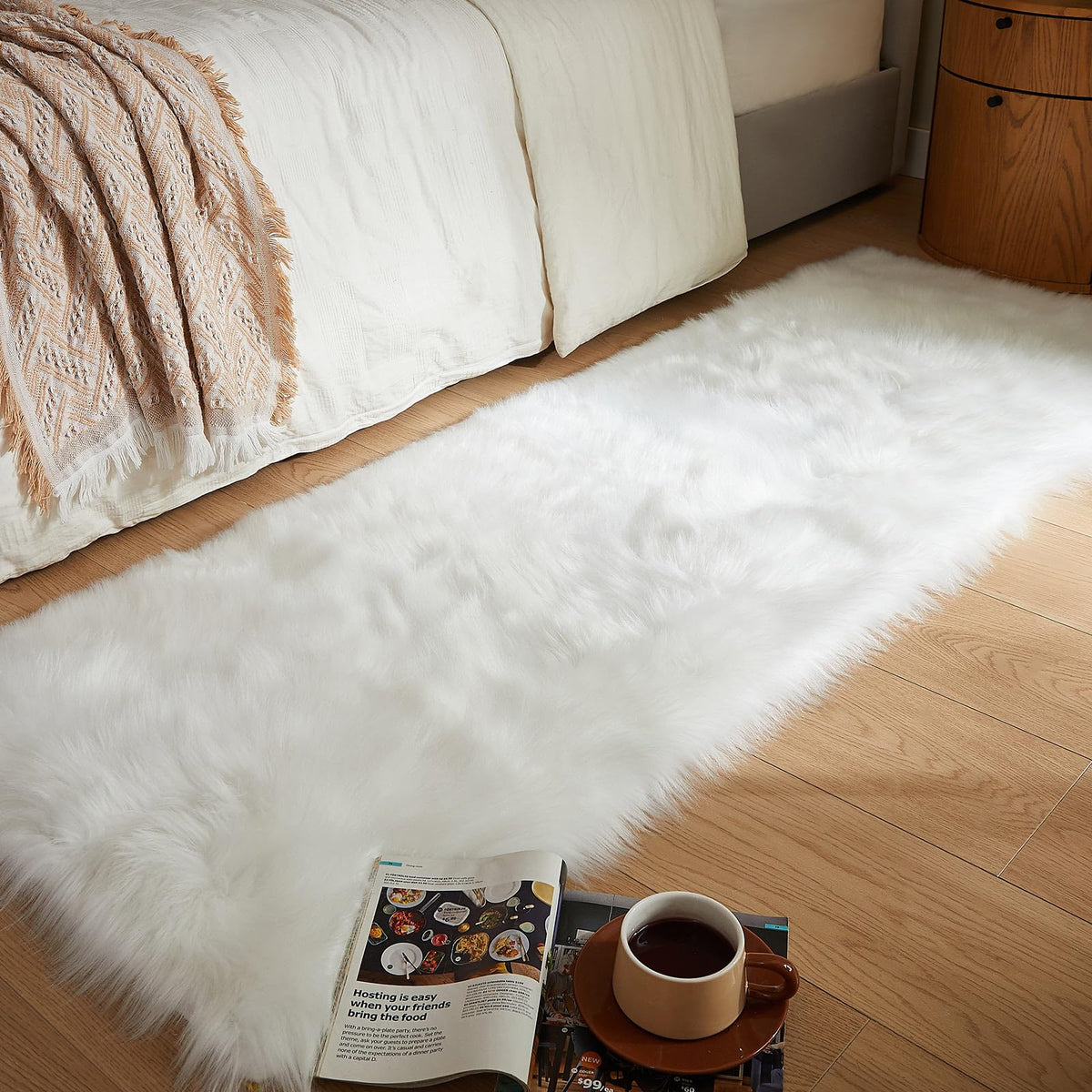 AMTOVO Faux Sheepskin Rug, Beige Ultra Soft Fluffy Shag Area Rug, 2 x 6 ft Faux Fur Rug for Bedroom Sofa Throw Cushion Room Decor, Sheepskin