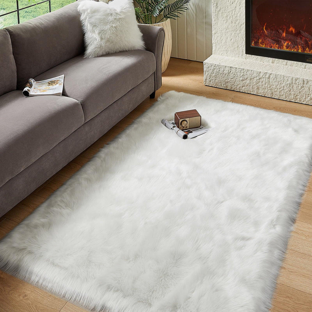 AMTOVO Faux Sheepskin Rug, Beige Ultra Soft Fluffy Shag Area Rug, 2 x 6 ft Faux Fur Rug for Bedroom Sofa Throw Cushion Room Decor, Sheepskin