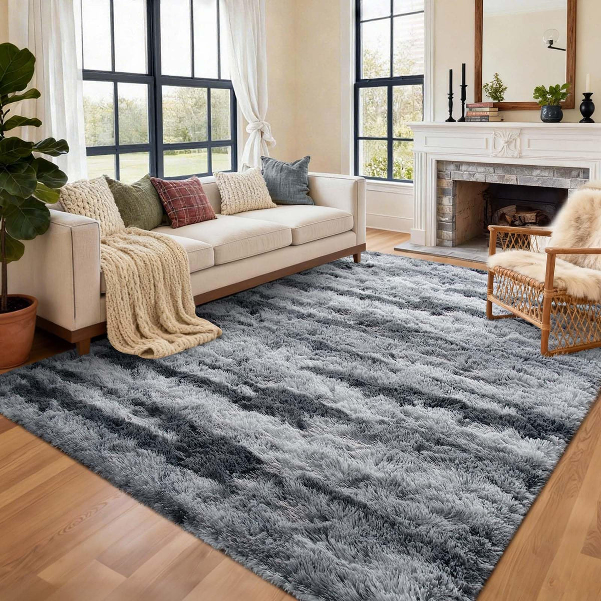 8x10 Ft Extra Large Shag Rugs for Living Room, Tie Dyed Ultra Soft Fluffy Furry Area Rugs for Bedroom Indoor Floor, Aesthetic Carpet for Kids Home Decor (Dark Grey)