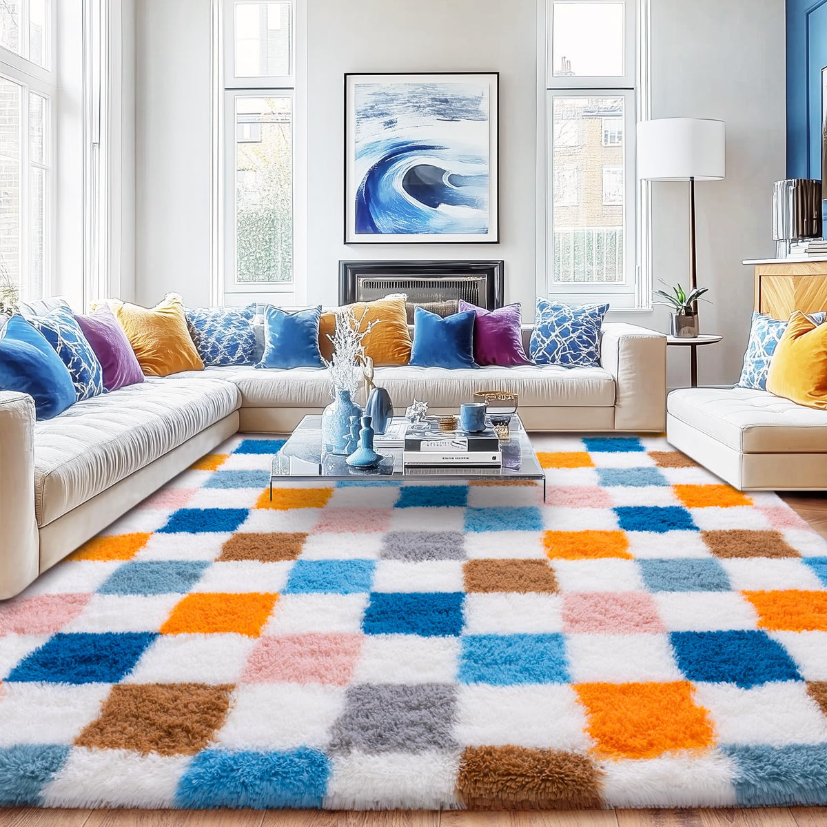 8x10 Area Rugs for Living Room, Large Ultra Fluffy Fuzzy Shag Rug for Bedroom, Modern Plush Soft High Pile Upgrade Non-Slip Carpet for Kids Girls and Boys Room Decor, Tie-Dyed Blue Grey