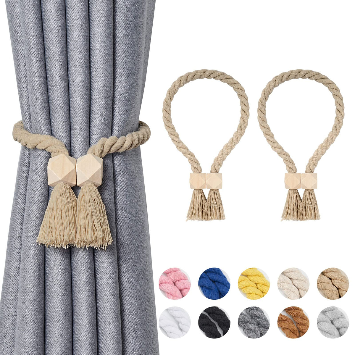 NICEEC 2 Pack Wooden Ball Magnetic Curtain Tiebacks Boho Home Decor Drape Tie Backs Natural Cotton Hand Woven Rope Curtain Holdbacks for Thin & Thick Home & Office Window Draperies (Beige)