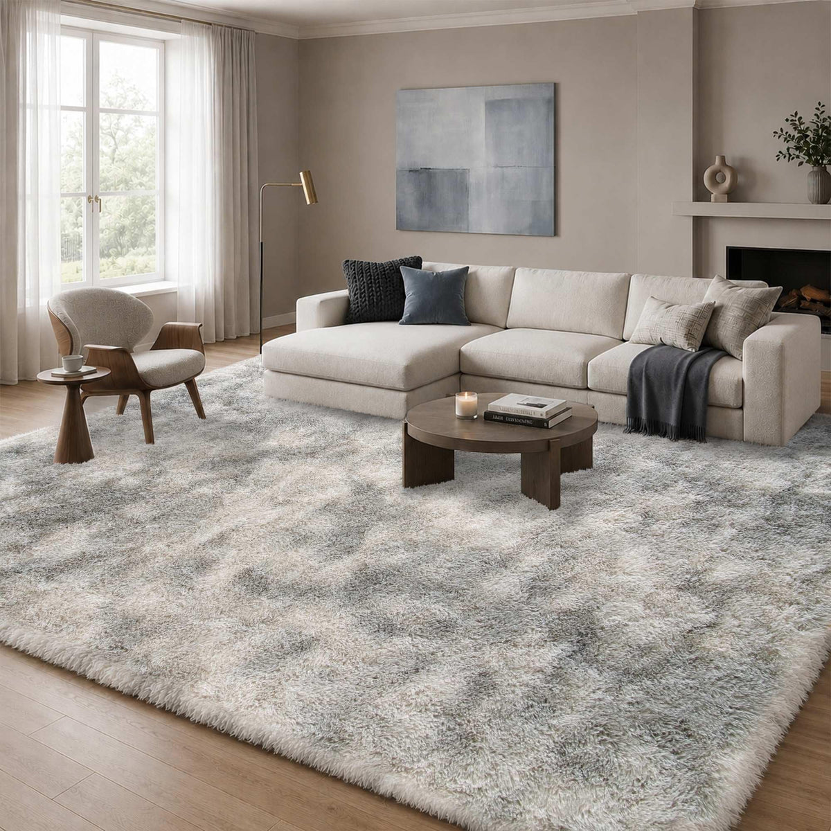 8x10 Ft Cream White Fluffy Area Rug for Living Room, Washable