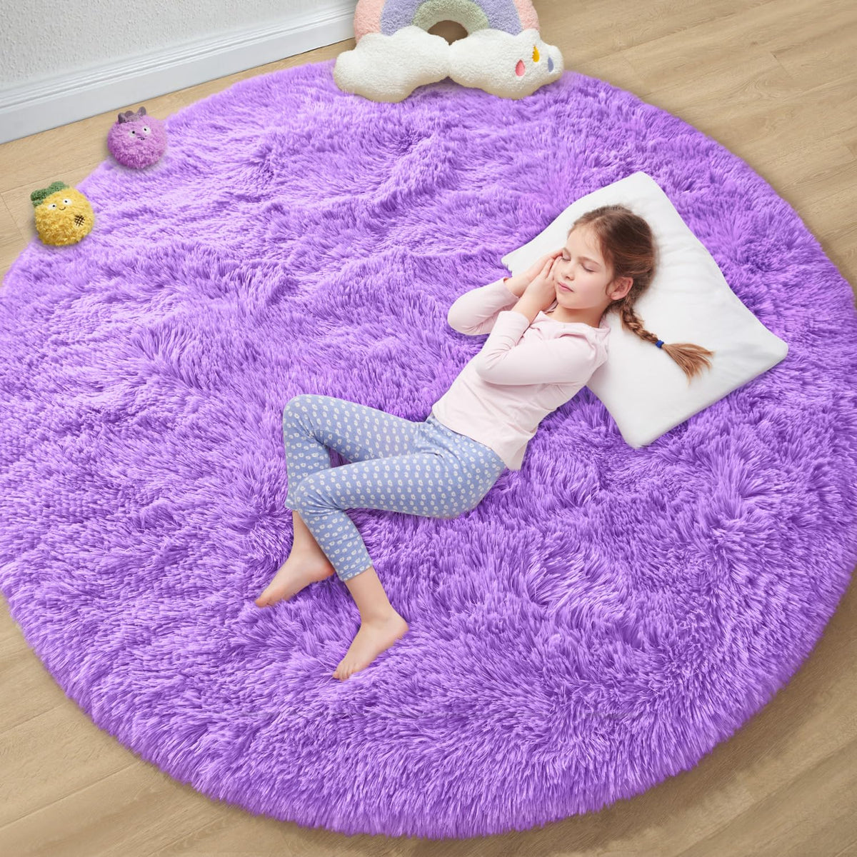 EVOIONOS Pink Round Rug for Bedroom, 4x4 Ft Fluffy Soft Circle Area Rugs for Living Room, Plush Shaggy Circular Carpet for Indoor Floor Bedside Girls Nursery, Machine-Washable Home Decor Aesthetic