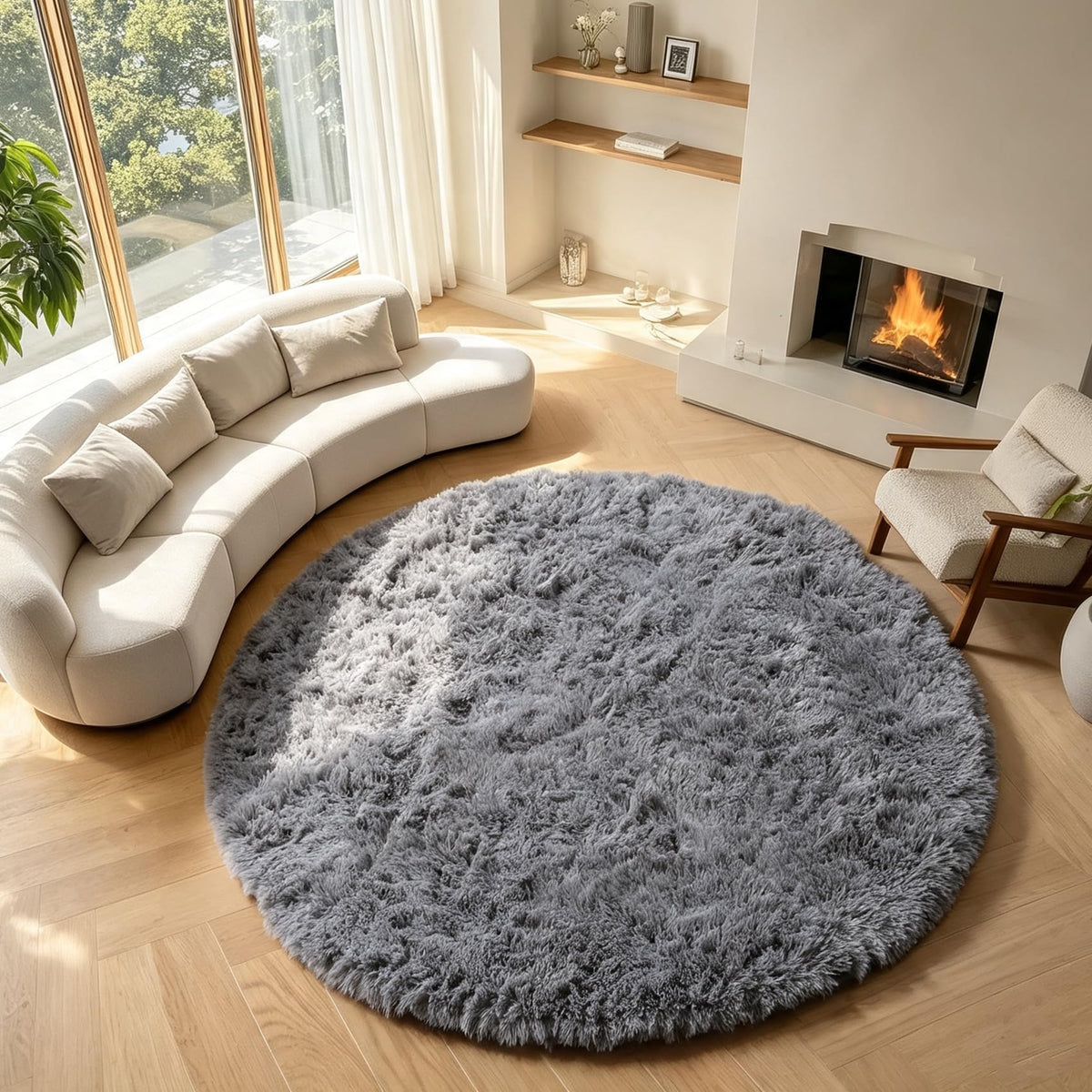Area Rugs for Living Room Bedroom, 5x8 Fluffy Tie-Dyed Light Grey Shag Rug