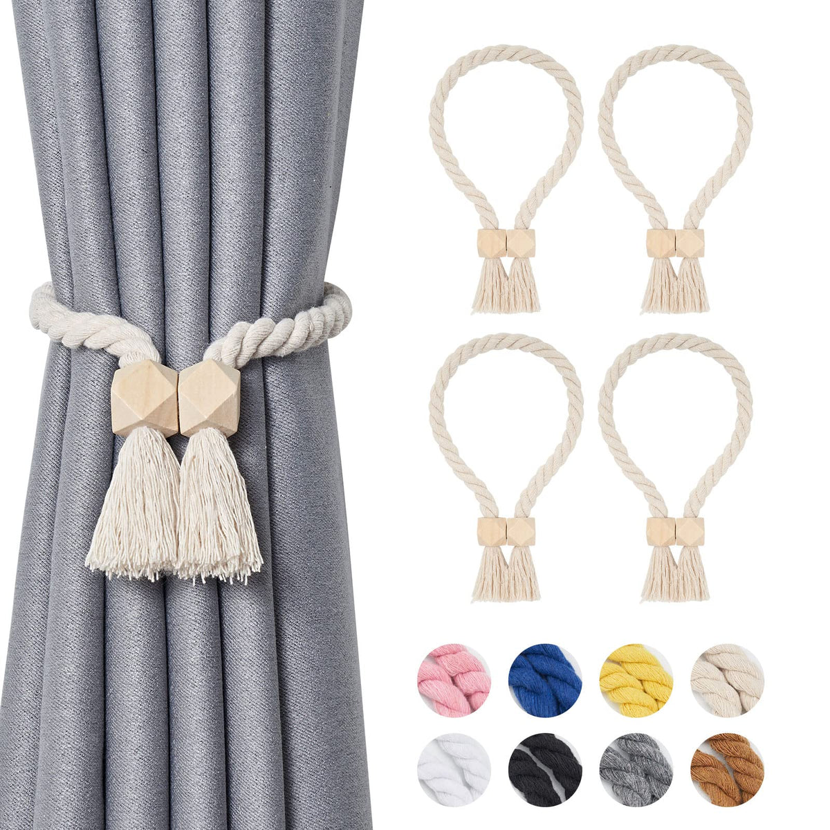 NICEEC 2 Pack Wooden Ball Magnetic Curtain Tiebacks Boho Home Decor Drape Tie Backs Natural Cotton Hand Woven Rope Curtain Holdbacks for Thin & Thick Home & Office Window Draperies (Beige)