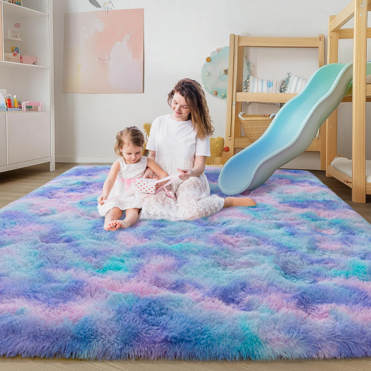 9x12 Large Shag Rugs for Living Room, Washable Abstract Blue Yellow