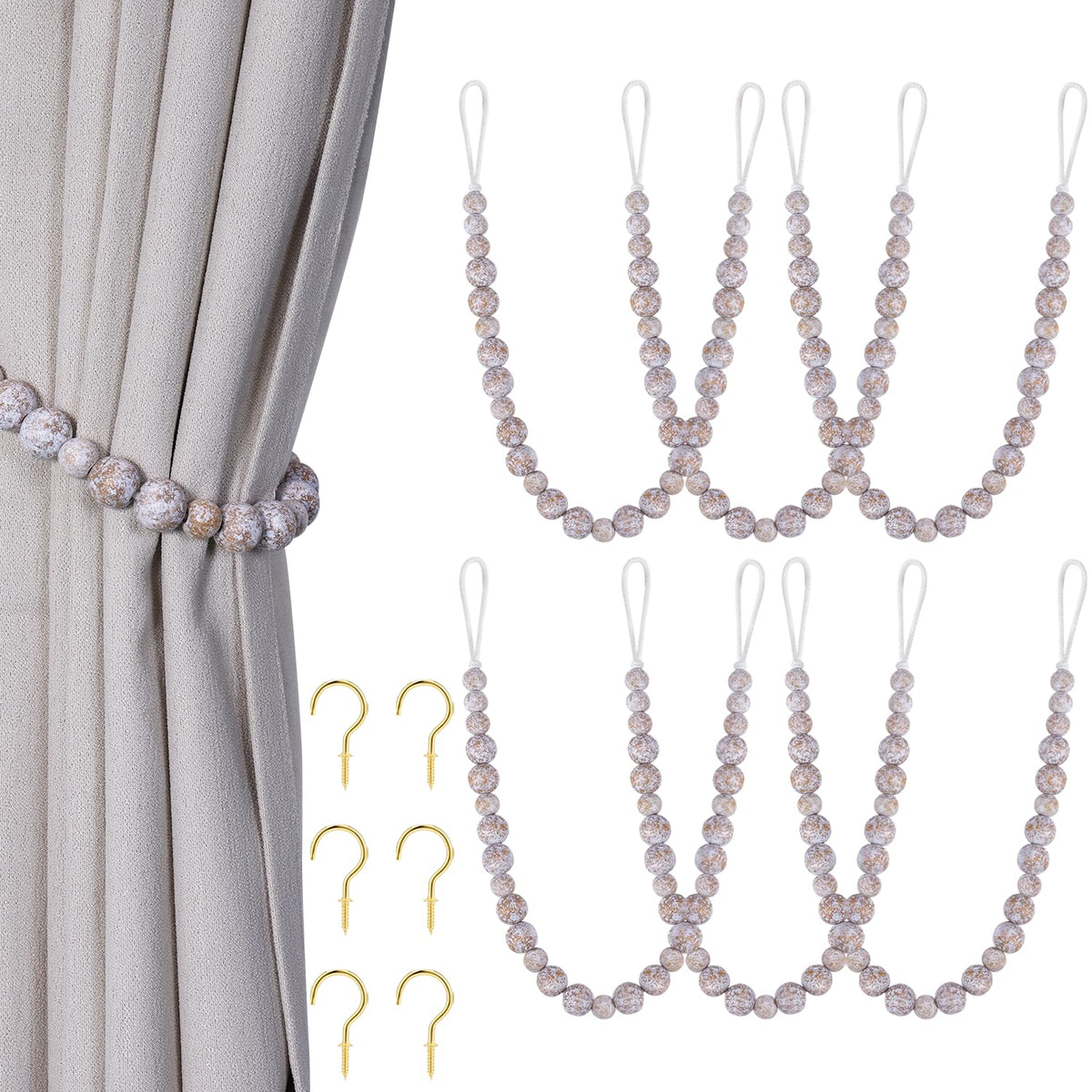 KLOGTSIND Wood Bead Curtain Tiebacks, 2 Pack Curtain Tie Backs with Hooks