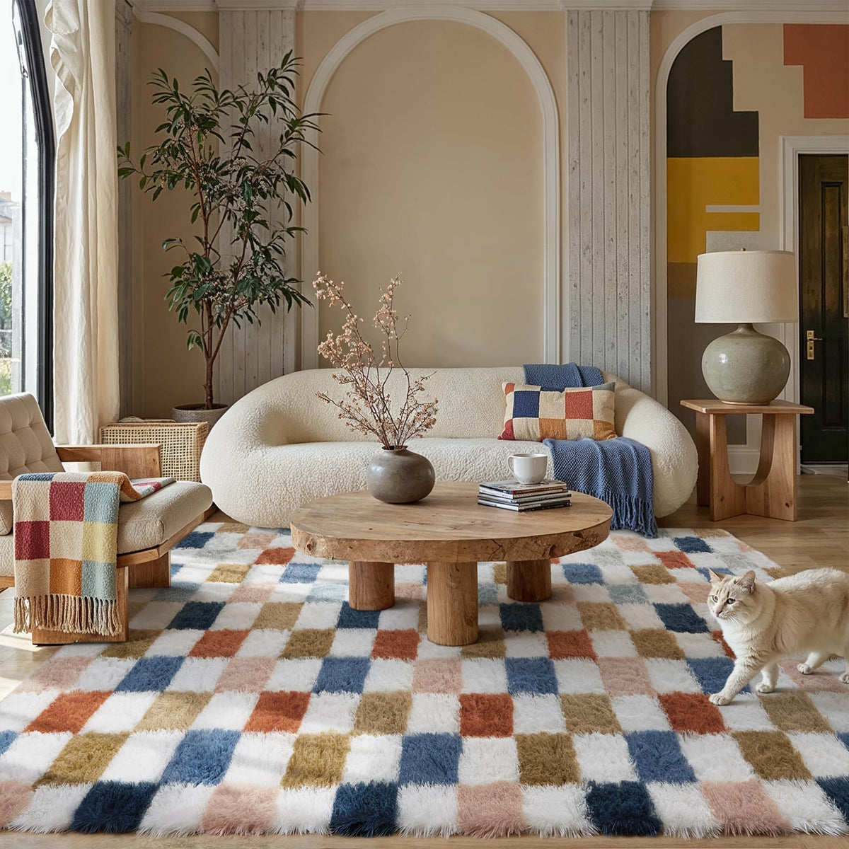 PureCozy Beige 8x10 Area Rug for Living Room Soft Checkered Shag Carpet