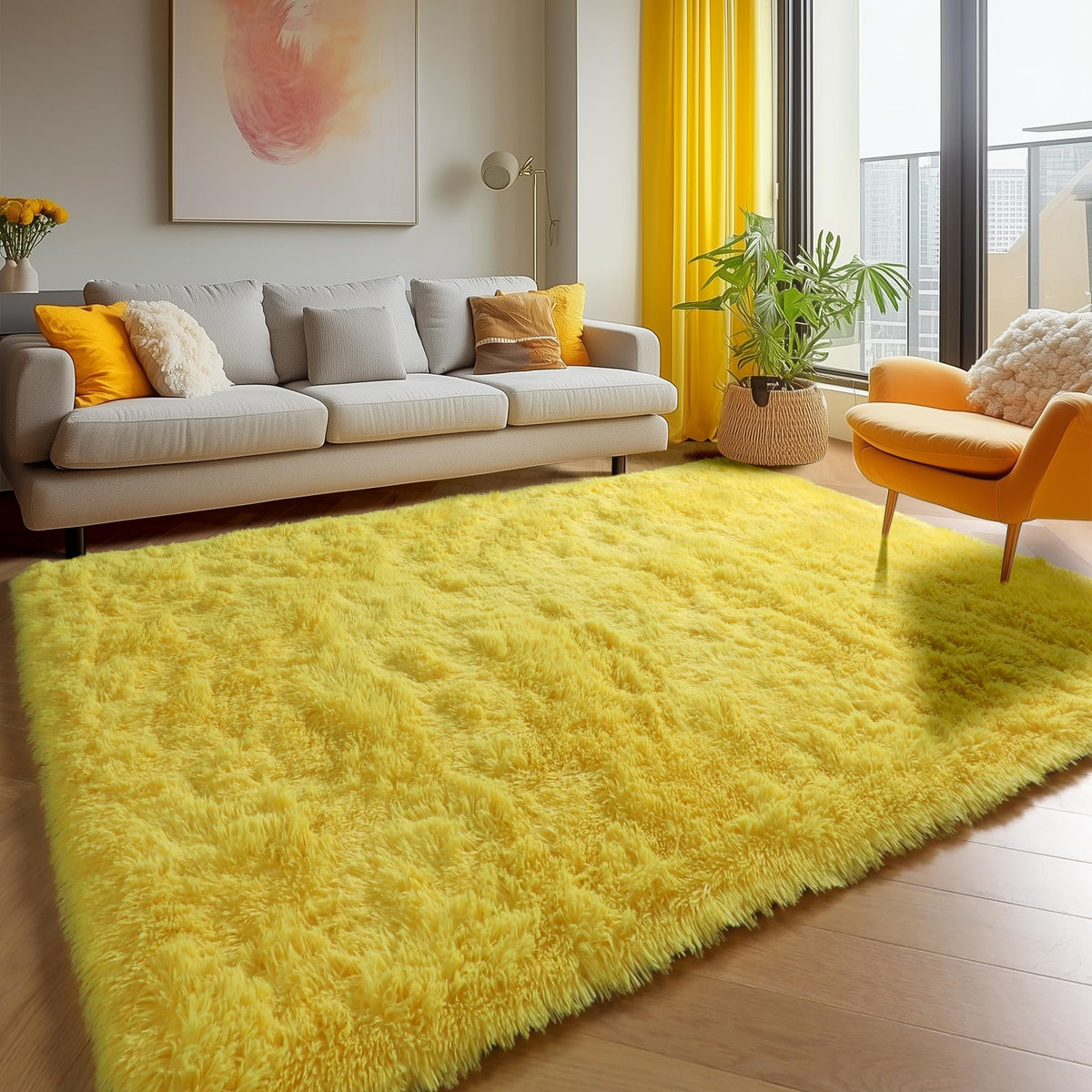 Area Rugs for Living Room Bedroom, 5x8 Fluffy Tie-Dyed Light Grey Shag Rug