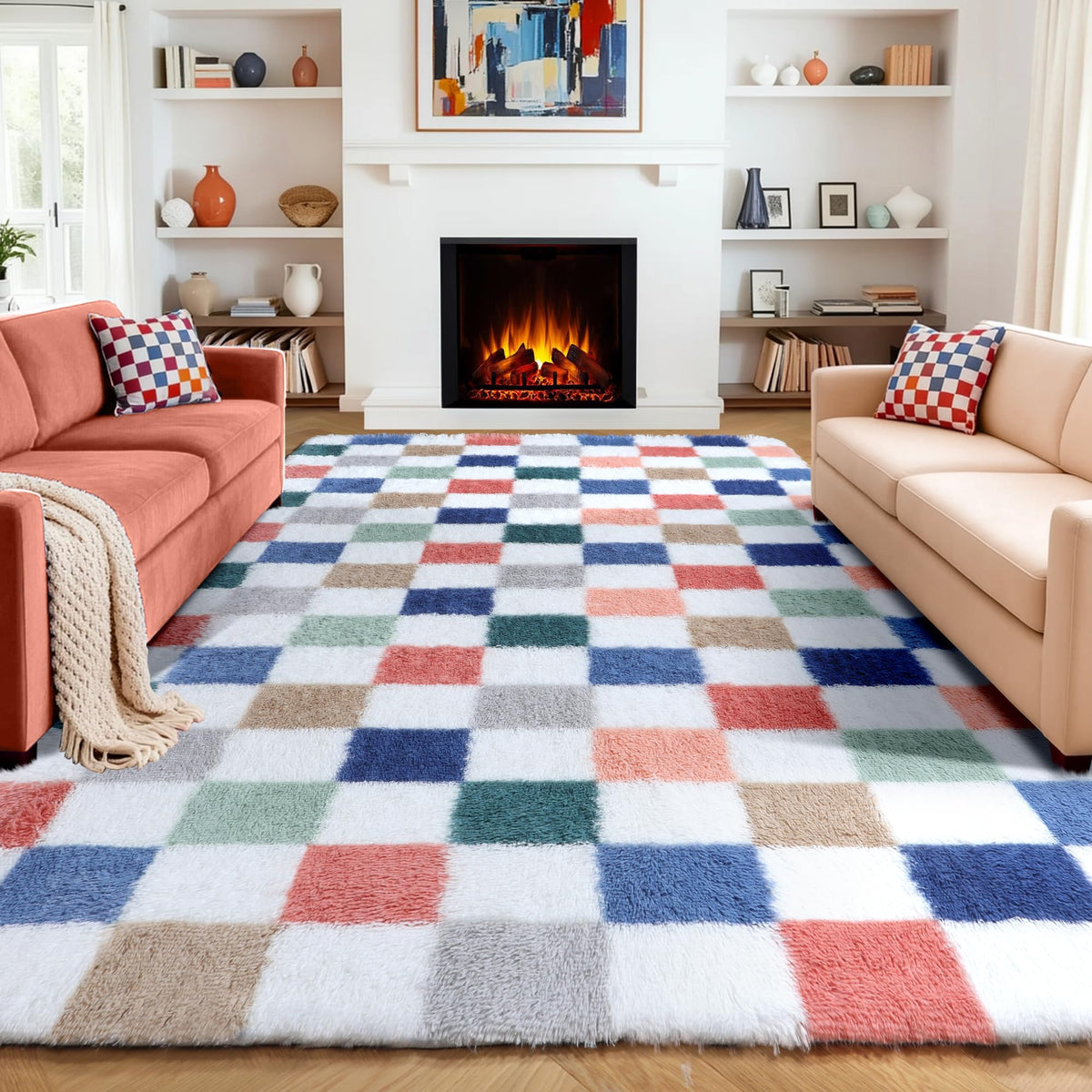 KICMOR Area Rugs 8x10 for Living Room, Large Fluffy Beige and Cream White Checkered Rug Big Fuzzy Shag Shaggy Carpets for Bedroom, Soft Plush Furry Rug for Boy Girls Room Dorm Home Decor Aesthetic
