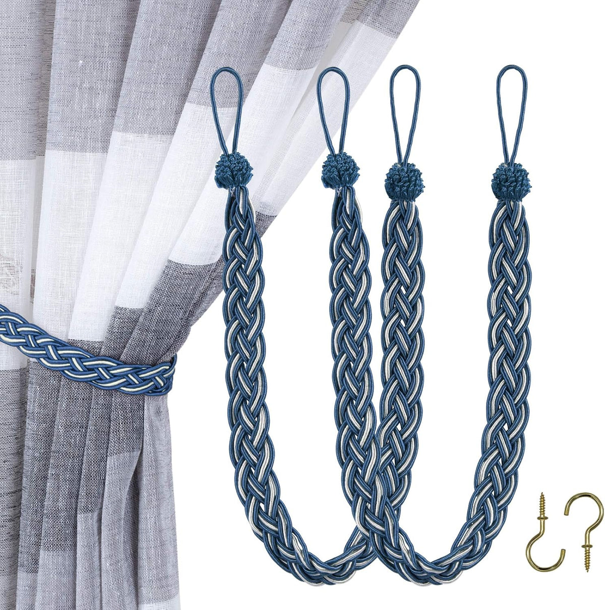 Home Queen Handwoven Rope Curtain Tiebacks for Drapes, 2 Pack Rope Holdbacks with Hooks, 23 Inch Long Polyester and Cotton Braided Tie Backs for Thick and Sheer Curtains,Navy and Silver
