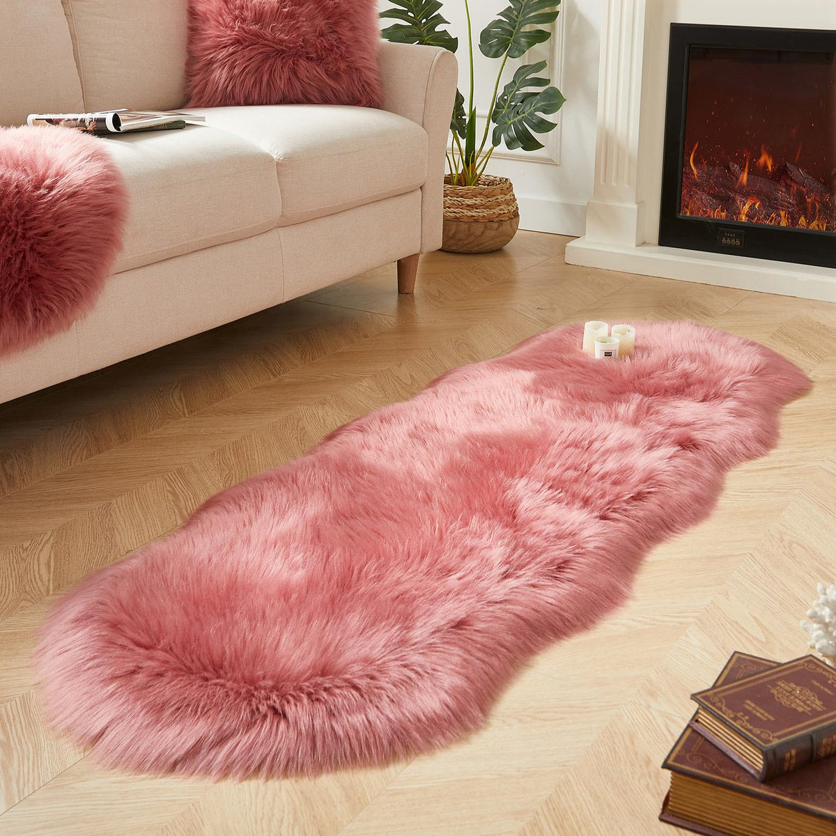AMTOVO Faux Sheepskin Rug, Beige Ultra Soft Fluffy Shag Area Rug, 2 x 6 ft Faux Fur Rug for Bedroom Sofa Throw Cushion Room Decor, Sheepskin