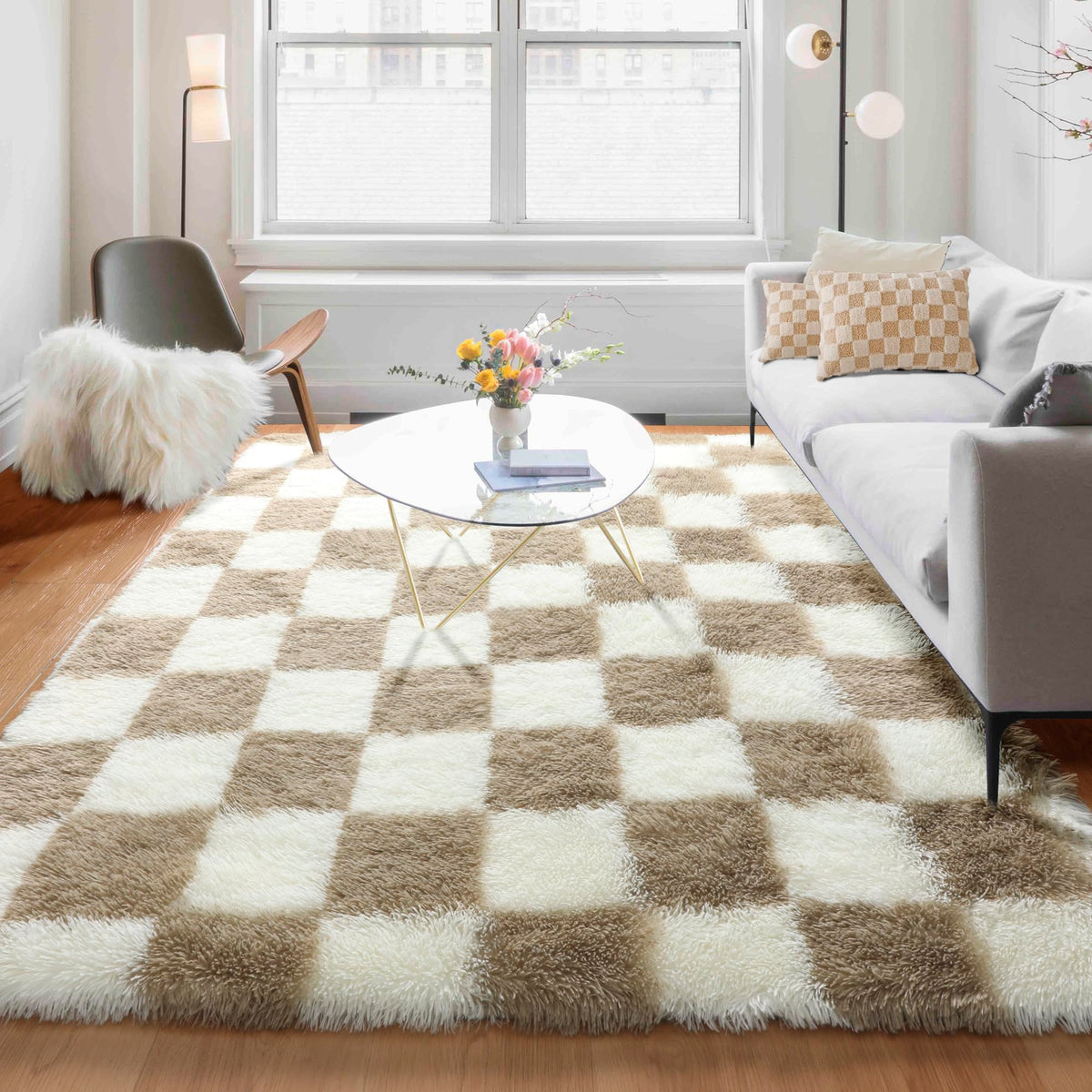 KICMOR Area Rugs 8x10 for Living Room, Large Fluffy Beige and Cream White Checkered Rug Big Fuzzy Shag Shaggy Carpets for Bedroom, Soft Plush Furry Rug for Boy Girls Room Dorm Home Decor Aesthetic