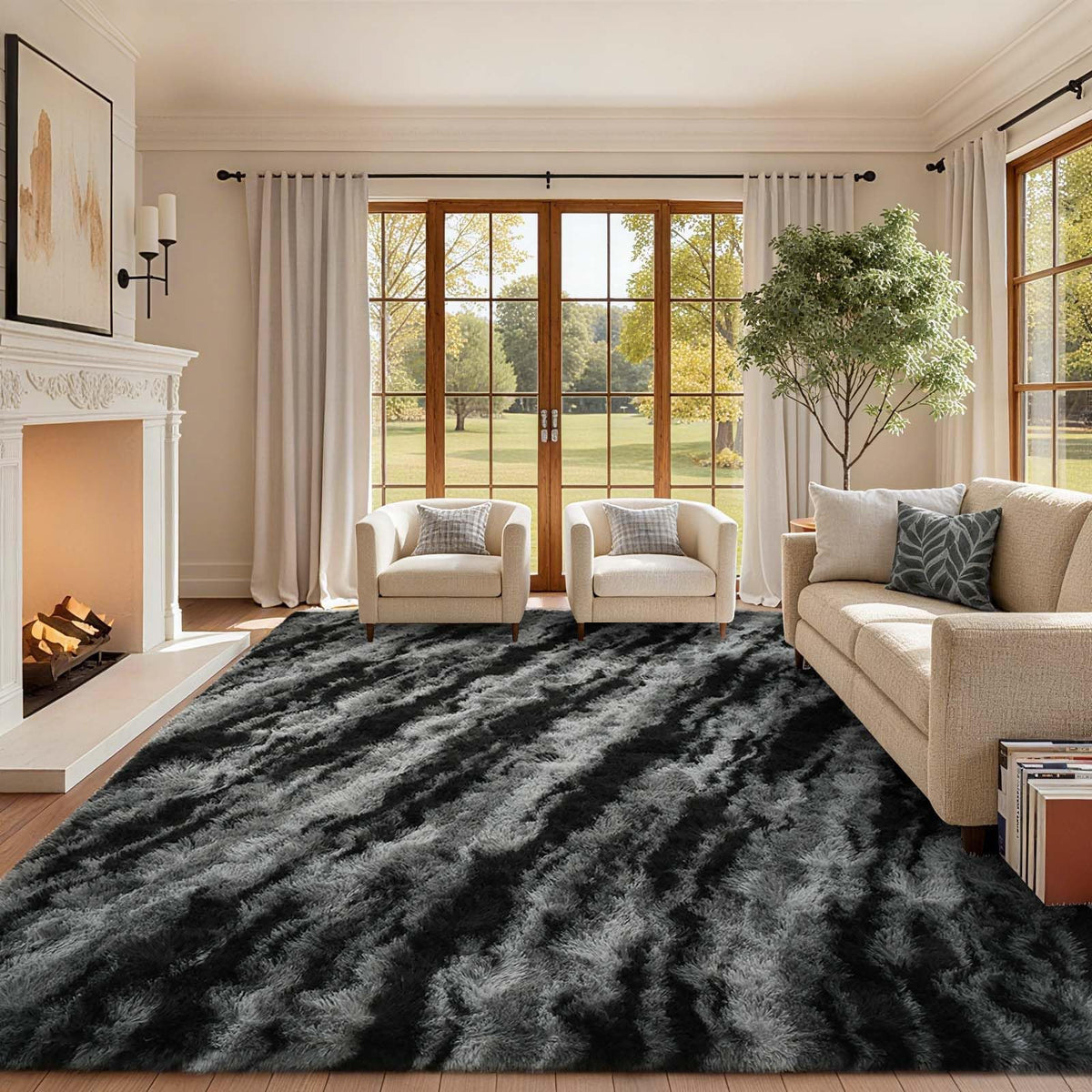 8x10 Ft Extra Large Shag Rugs for Living Room, Tie Dyed Ultra Soft Fluffy Furry Area Rugs for Bedroom Indoor Floor, Aesthetic Carpet for Kids Home Decor (Dark Grey)