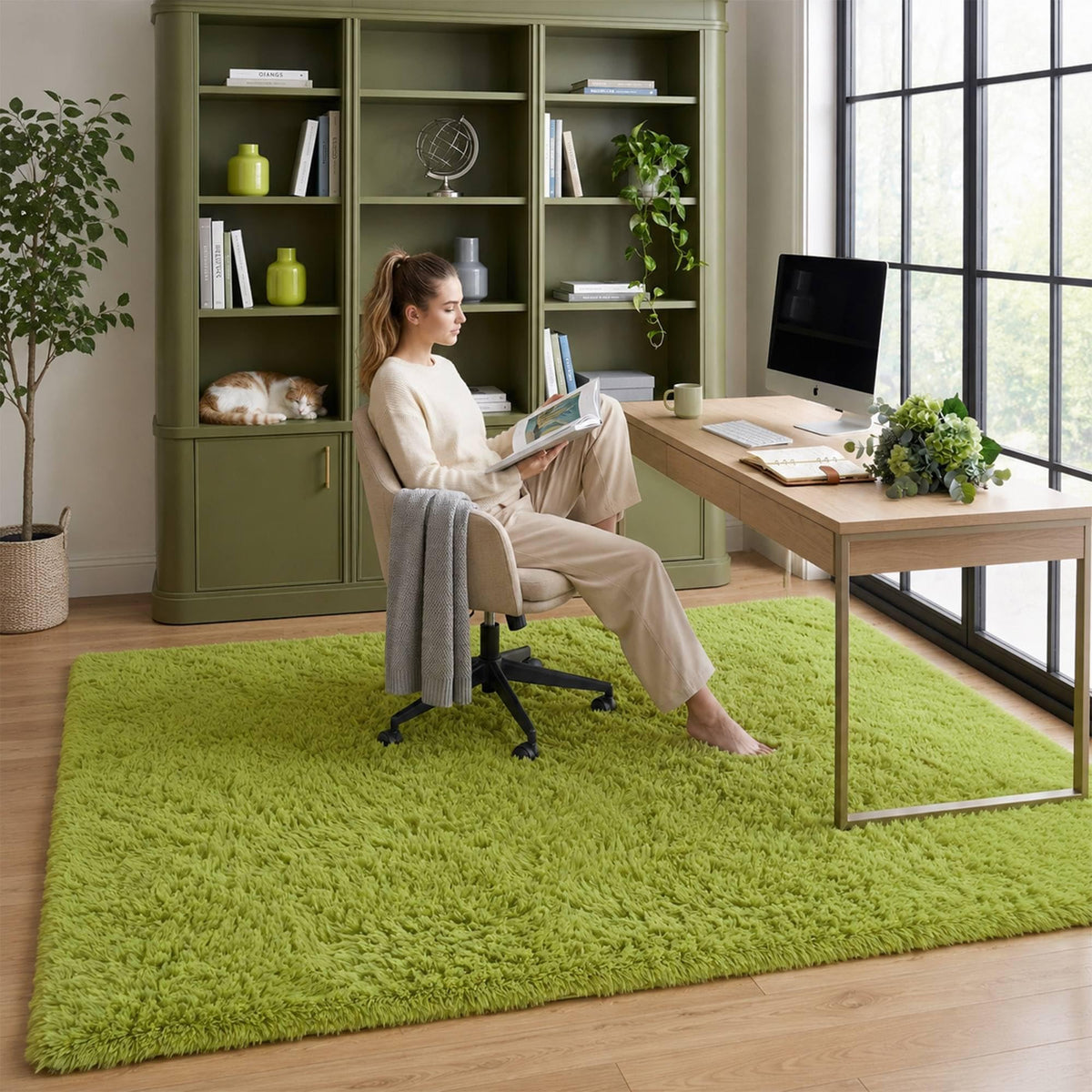 8x10 Ft Cream White Fluffy Area Rug for Living Room, Washable