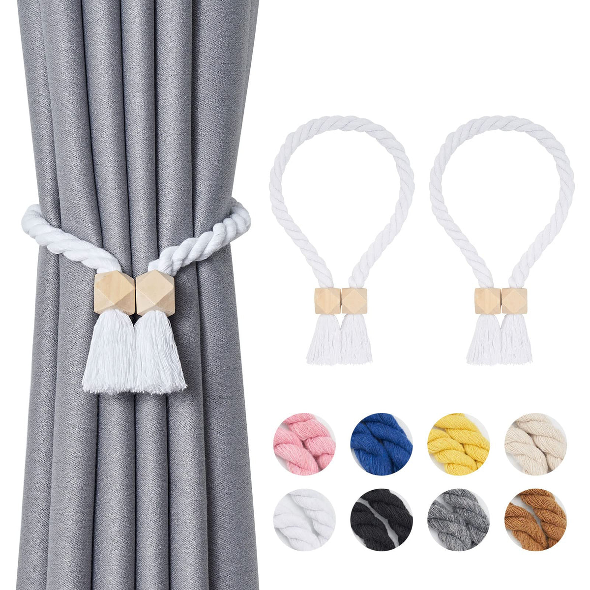 NICEEC 2 Pack Wooden Ball Magnetic Curtain Tiebacks Boho Home Decor Drape Tie Backs Natural Cotton Hand Woven Rope Curtain Holdbacks for Thin & Thick Home & Office Window Draperies (Beige)