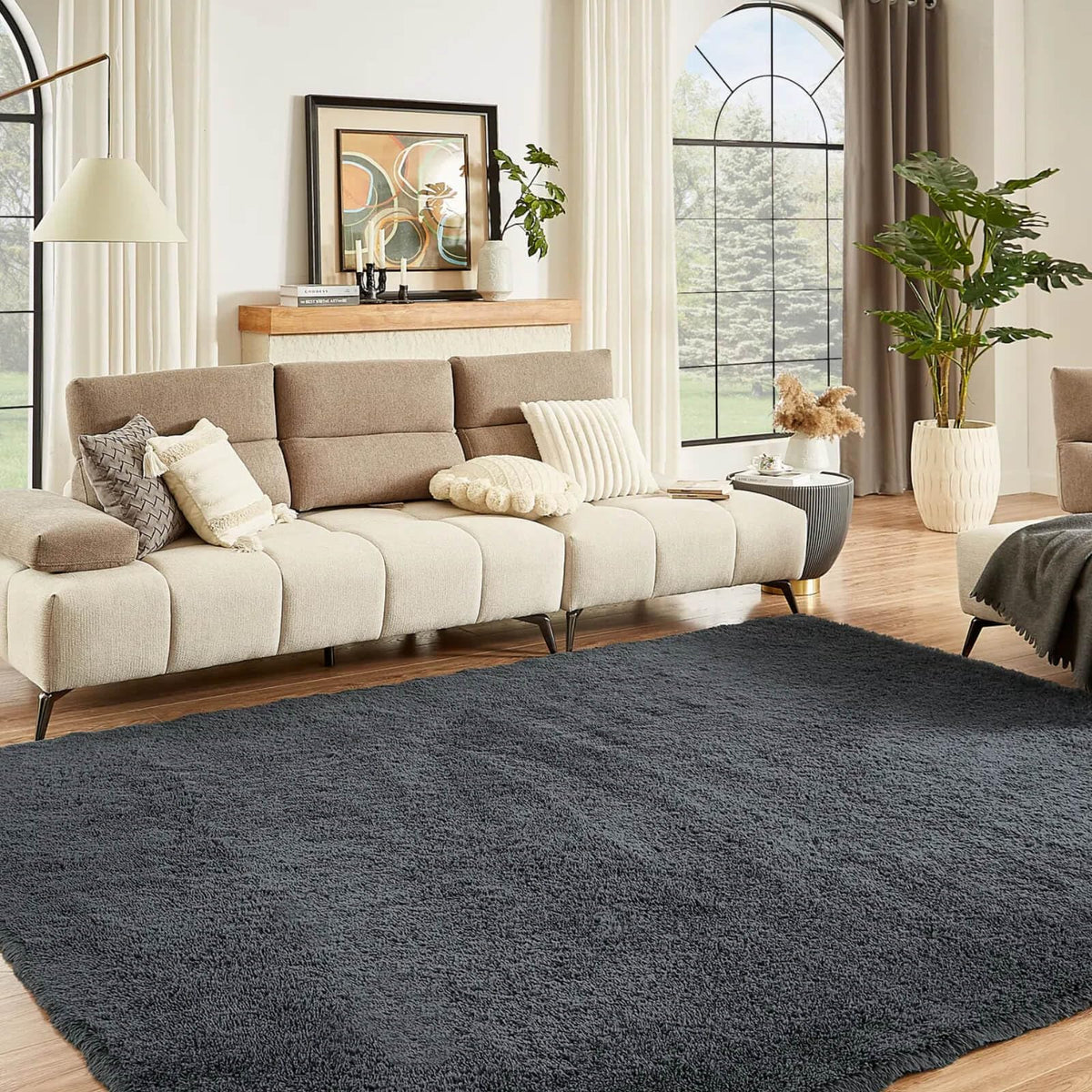 Floralux Rugs for Living Room, 6x9 Large Shag Area Rug, Tie-Dyed Light Grey Soft Fluffy Carpets for Bedroom