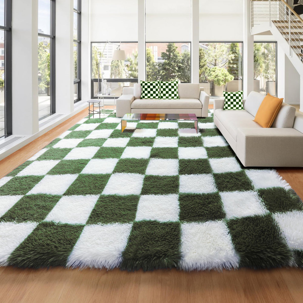 KICMOR Area Rugs 8x10 for Living Room, Large Fluffy Beige and Cream White Checkered Rug Big Fuzzy Shag Shaggy Carpets for Bedroom, Soft Plush Furry Rug for Boy Girls Room Dorm Home Decor Aesthetic