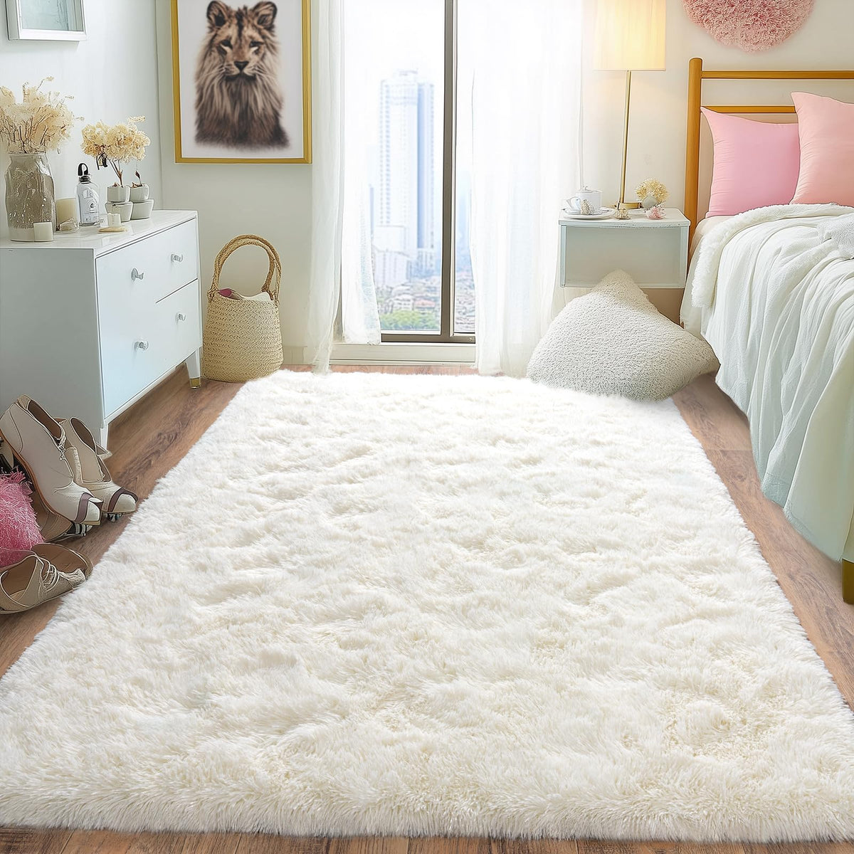 Pionblank 8x10 Rug for Living Room, Fluffy Large Area Rug, Cream White